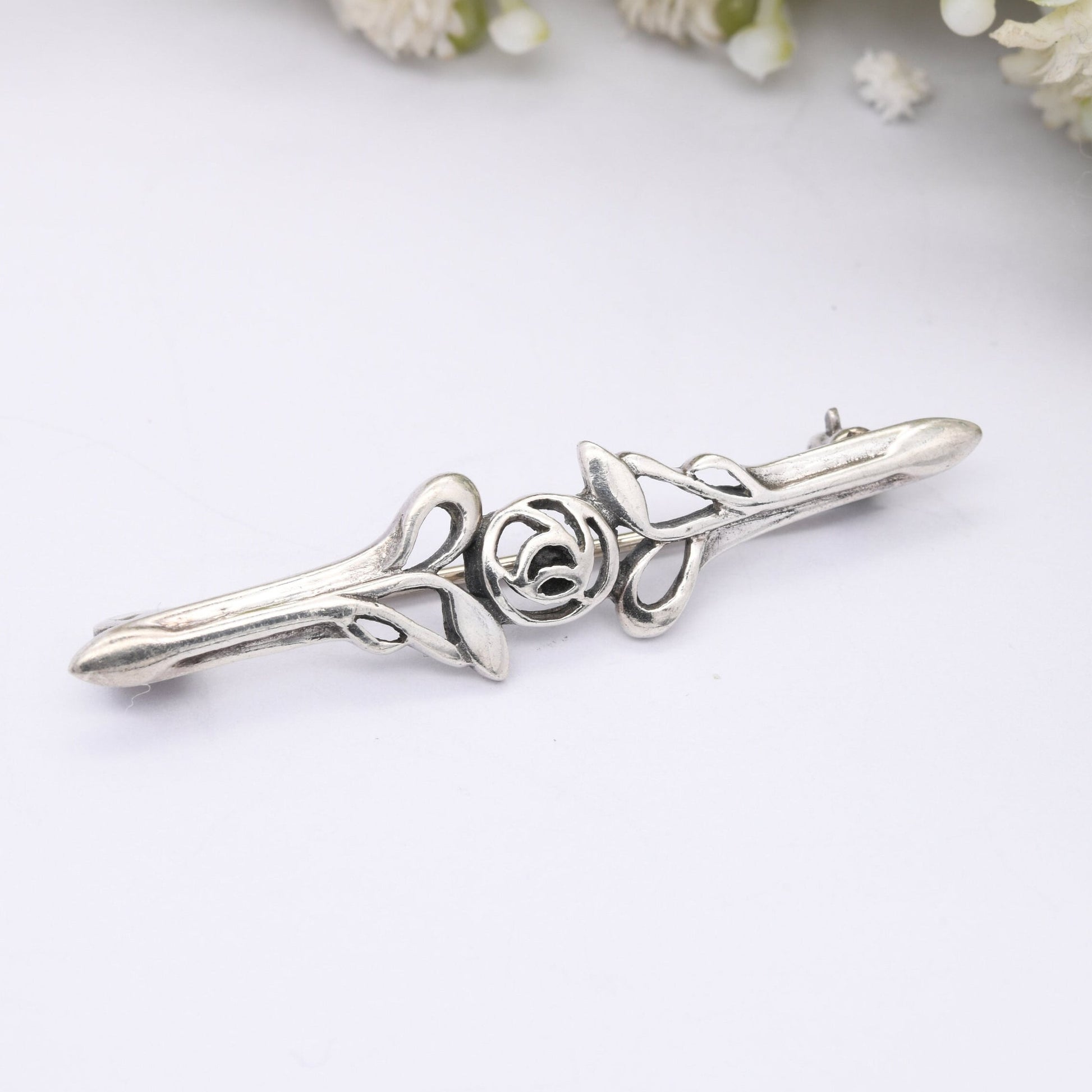 Vintage Kit Heath Sterling Silver Celtic Rose Bar Brooch - Mackintosh Style | Glasgow Rose Flower Design