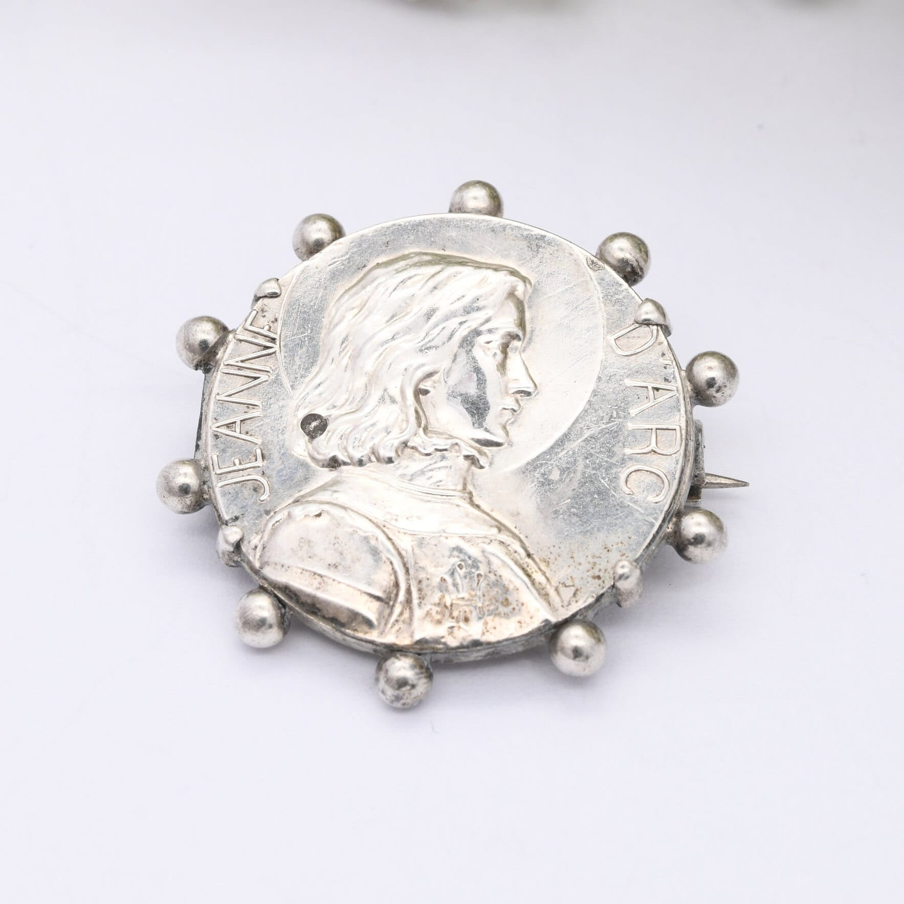 Antique Joan of Arc French Silver Brooch - Patron Saint of France | Jeanne d'Arc Token | with Granulated Edge