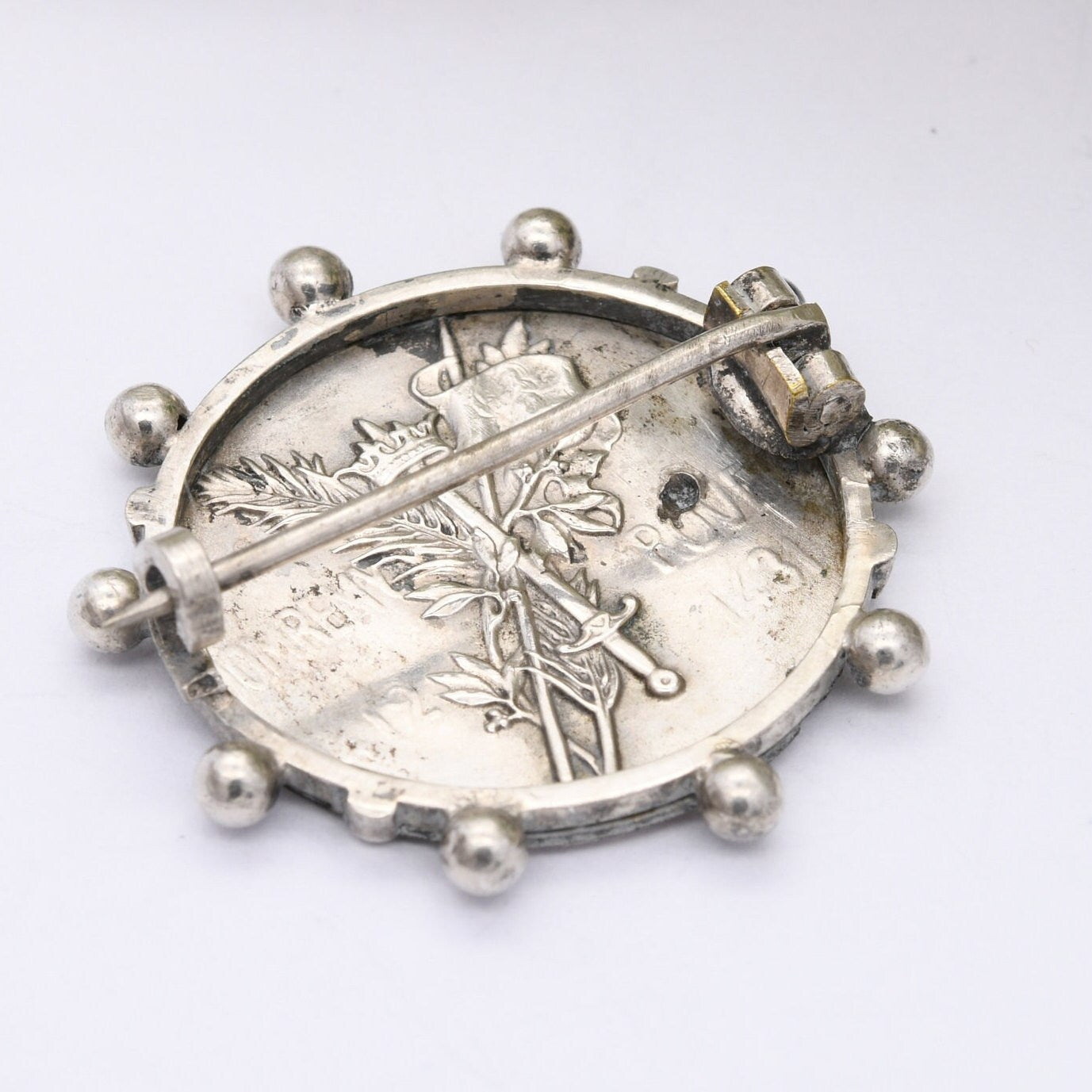 Antique Joan of Arc French Silver Brooch - Patron Saint of France | Jeanne d'Arc Token | with Granulated Edge