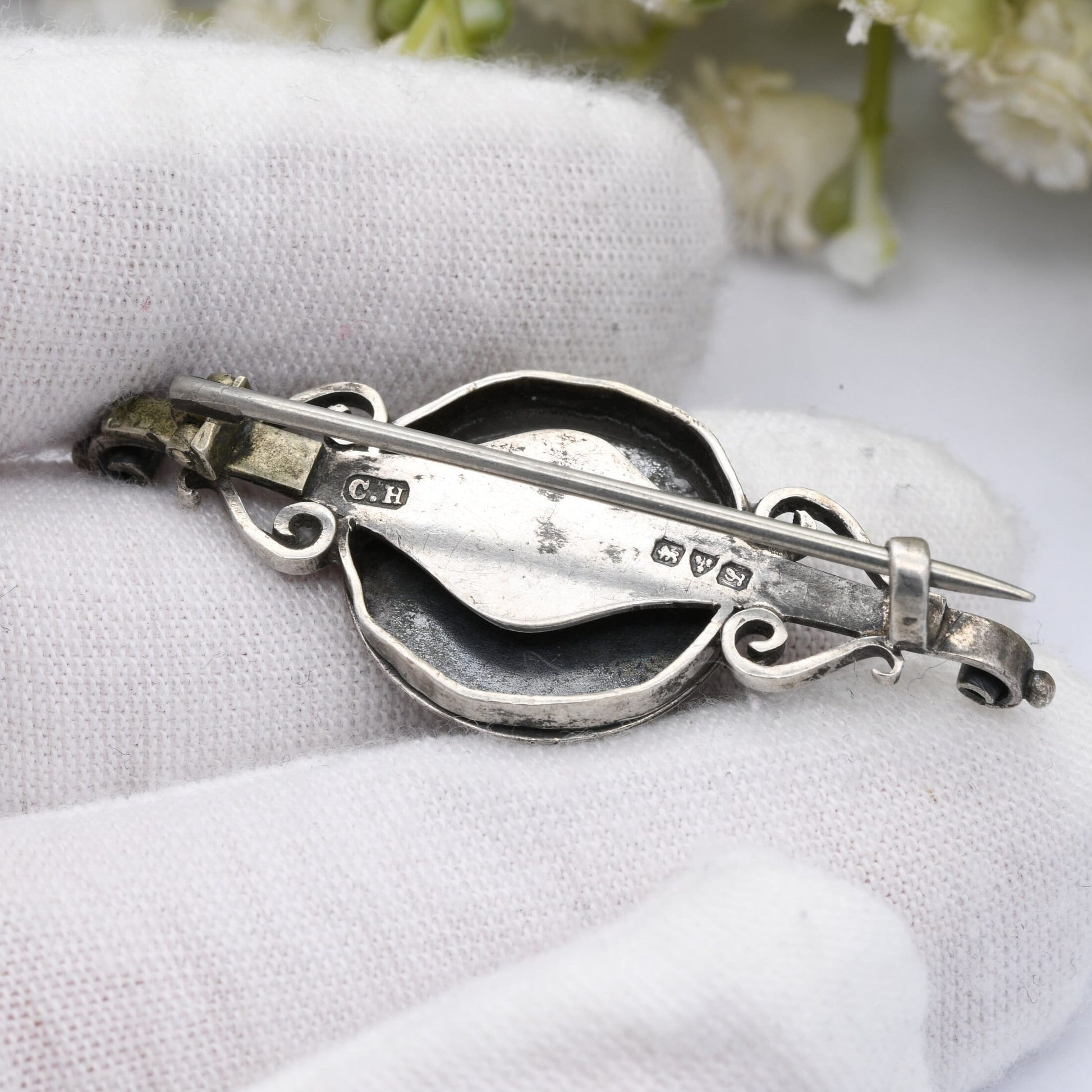 Antique Charles Horner Sterling Silver Bar Brooch Initial M 1911 - Edwardian Silver Monogram Jewellery | Chester Hallmarks