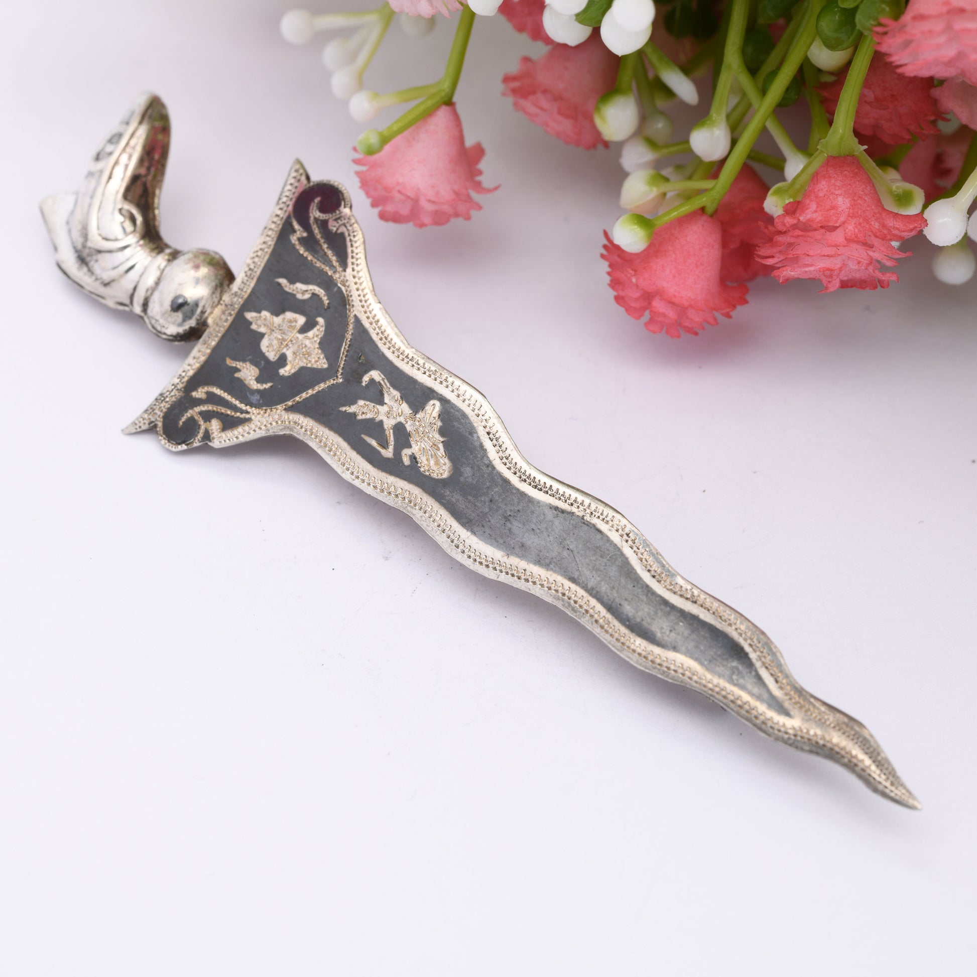 Vintage Siam Sterling Silver Dagger Brooch - Large Black Niello Sword in Scabbard Pin