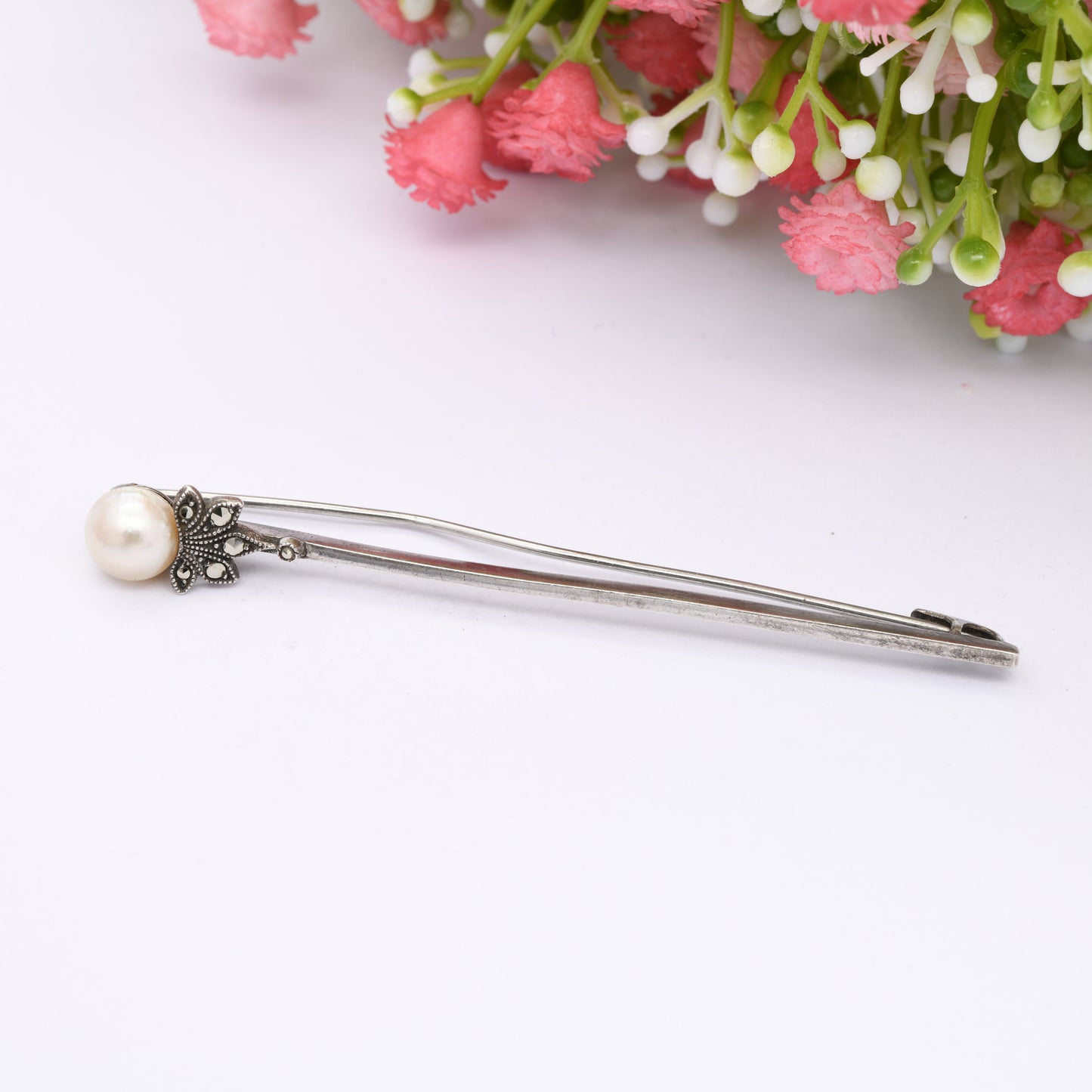 Vintage TLM Art Deco Sterling Silver Bar Brooch with Pearl and Marcasite - Thomas L Mott British Designer