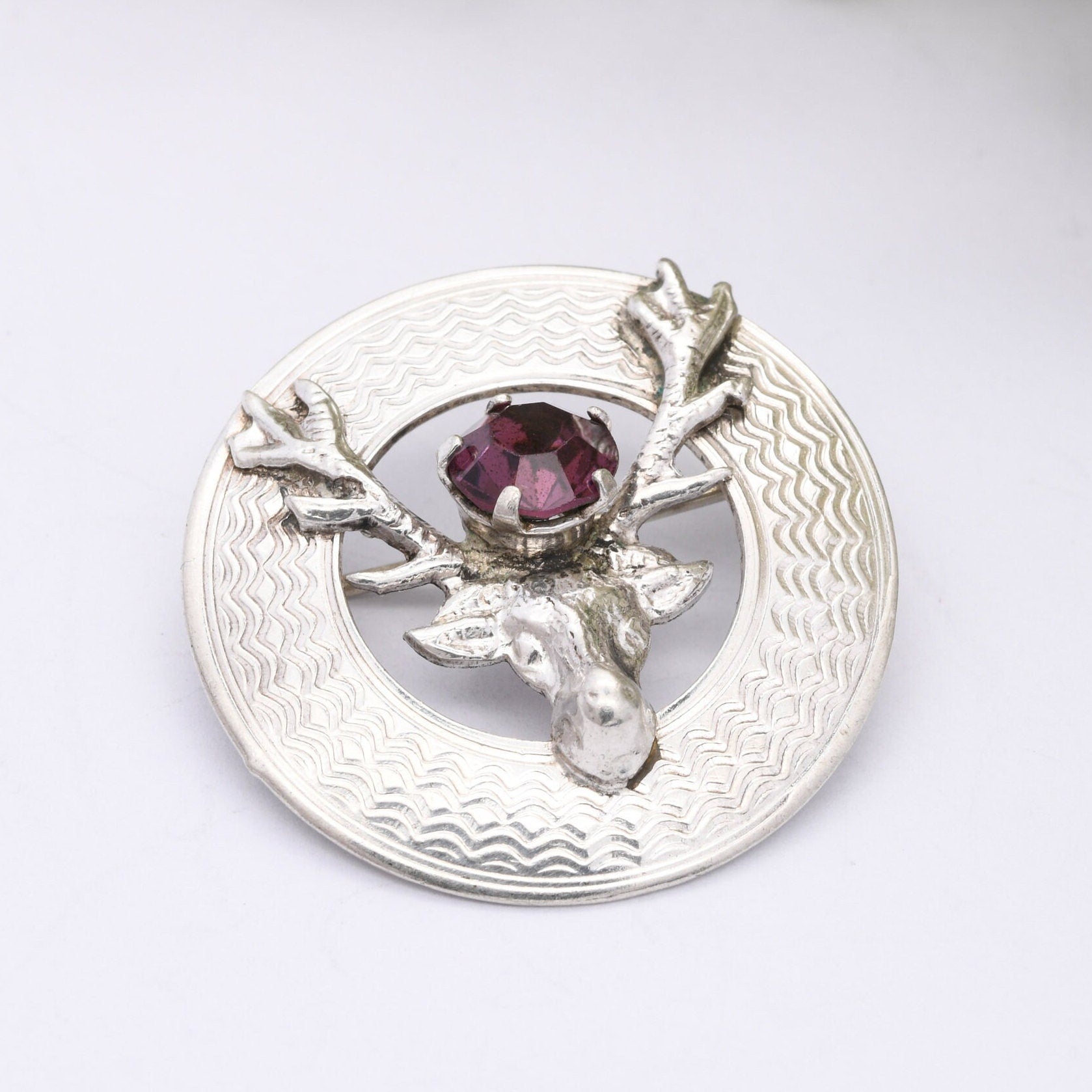 Vintage Ward Brothers Sterling Silver Scottish Stag Brooch - Purple Paste Stone | Deer with Antlers