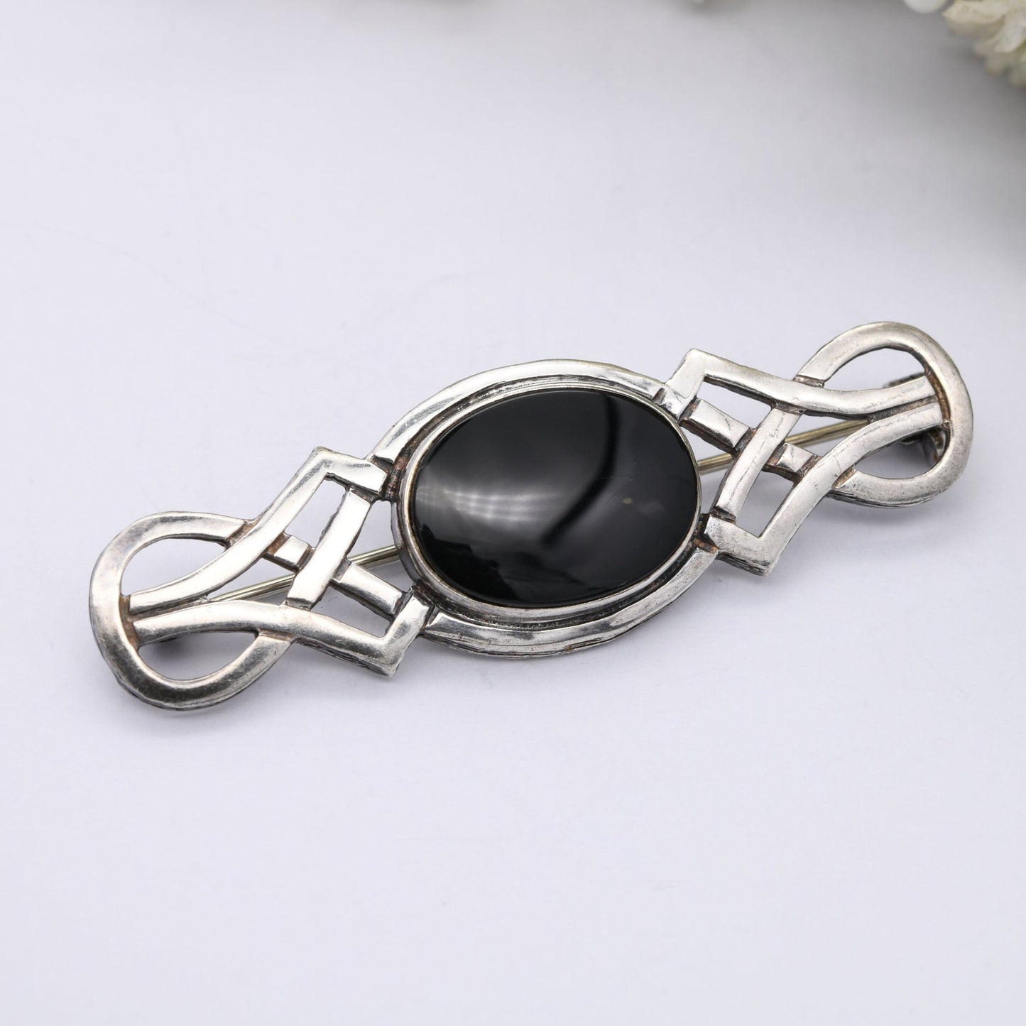 Vintage Sterling Silver Onyx Celtic Malcolm Gray Brooch - Bar Brooch | Woven | MG | Ortak