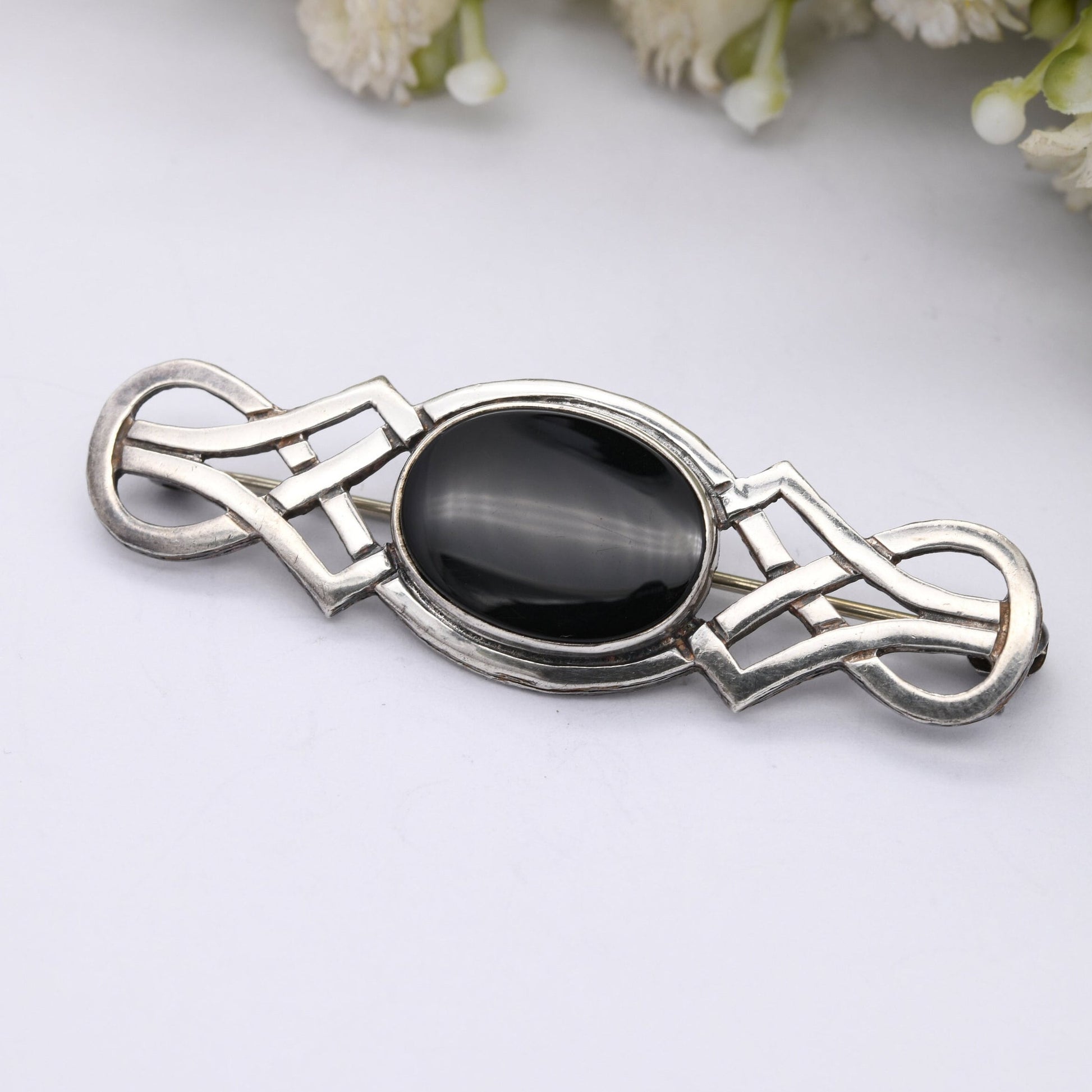 Vintage Sterling Silver Onyx Celtic Malcolm Gray Brooch - Bar Brooch | Woven | MG | Ortak