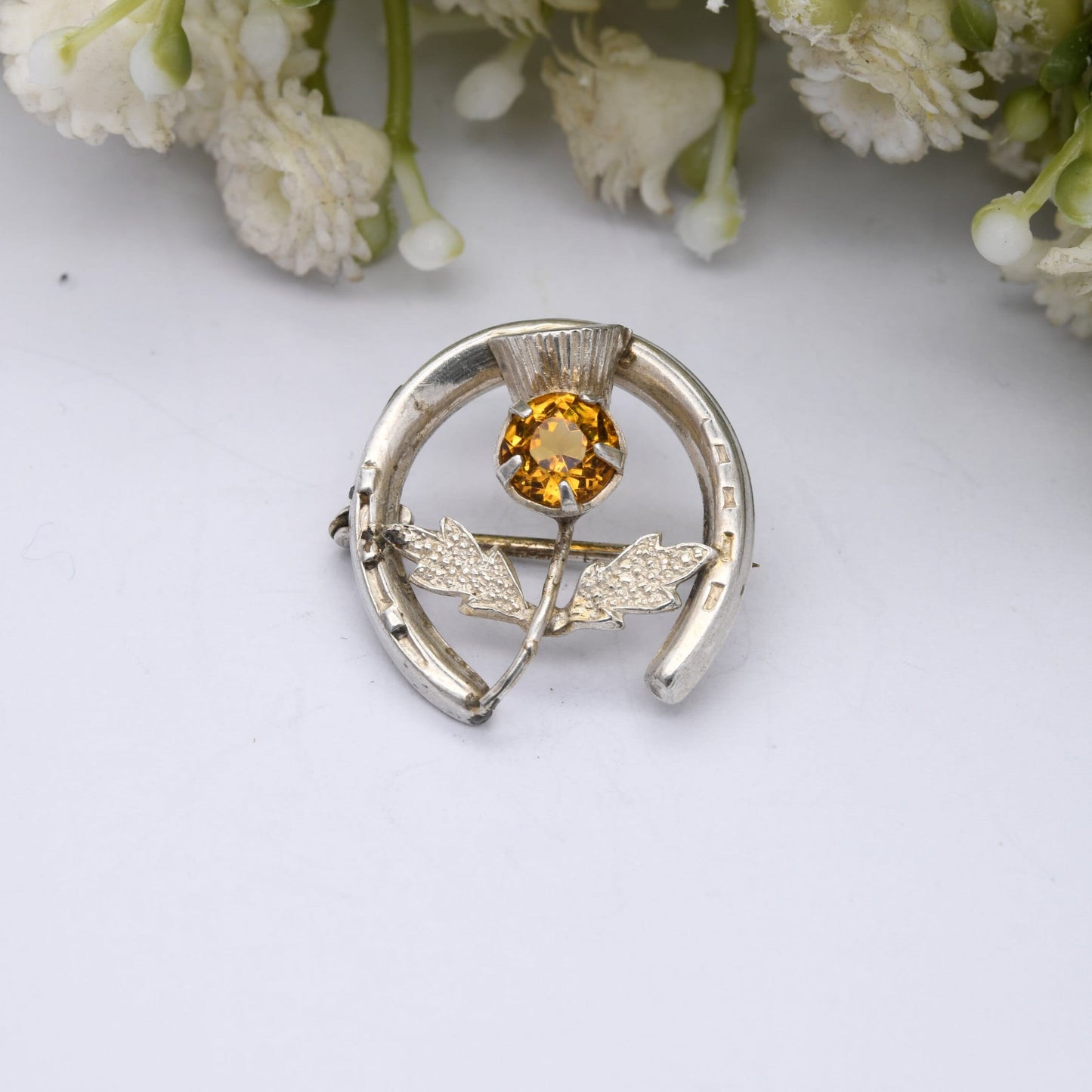 Vintage Ward Brothers Sterling Silver Scottish Thistle Brooch - Citrine Paste Stone