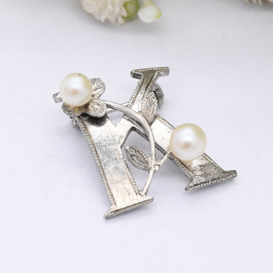 Vintage Sterling Silver Pearl Letter K Brooch - with Flower Design