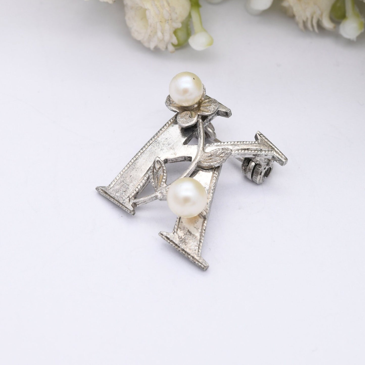 Vintage Sterling Silver Pearl Letter K Brooch - with Flower Design