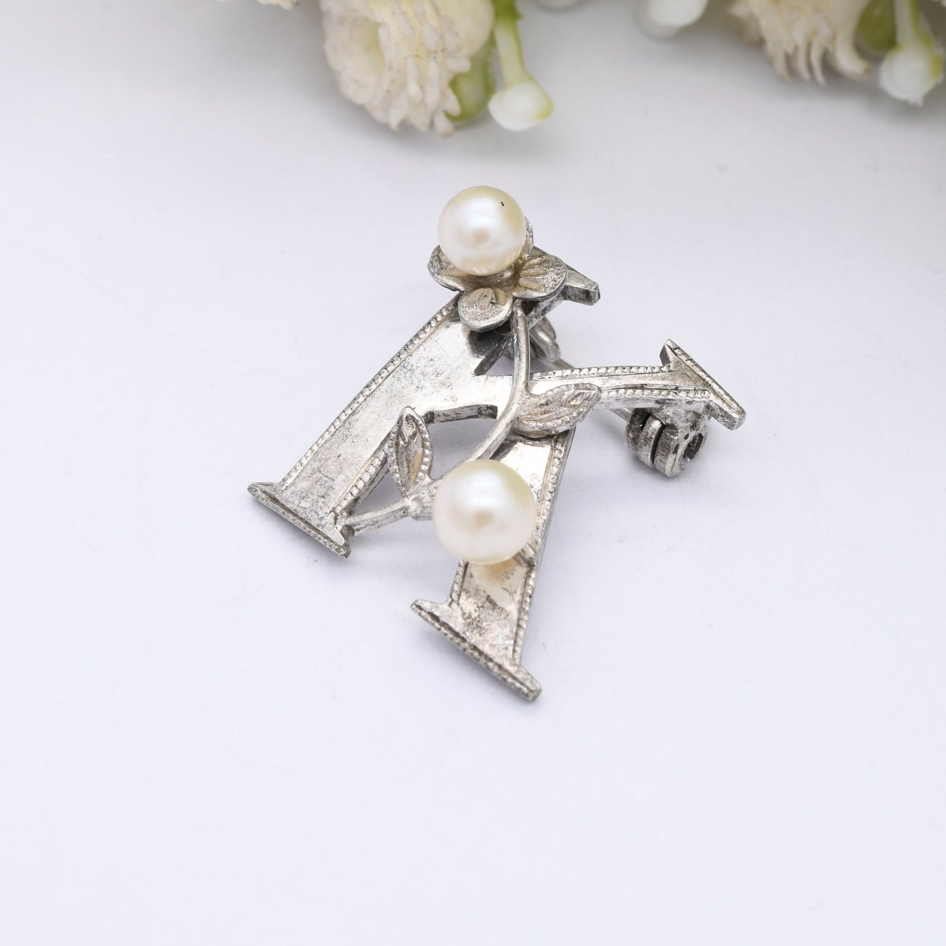 Vintage Sterling Silver Pearl Letter K Brooch - with Flower Design