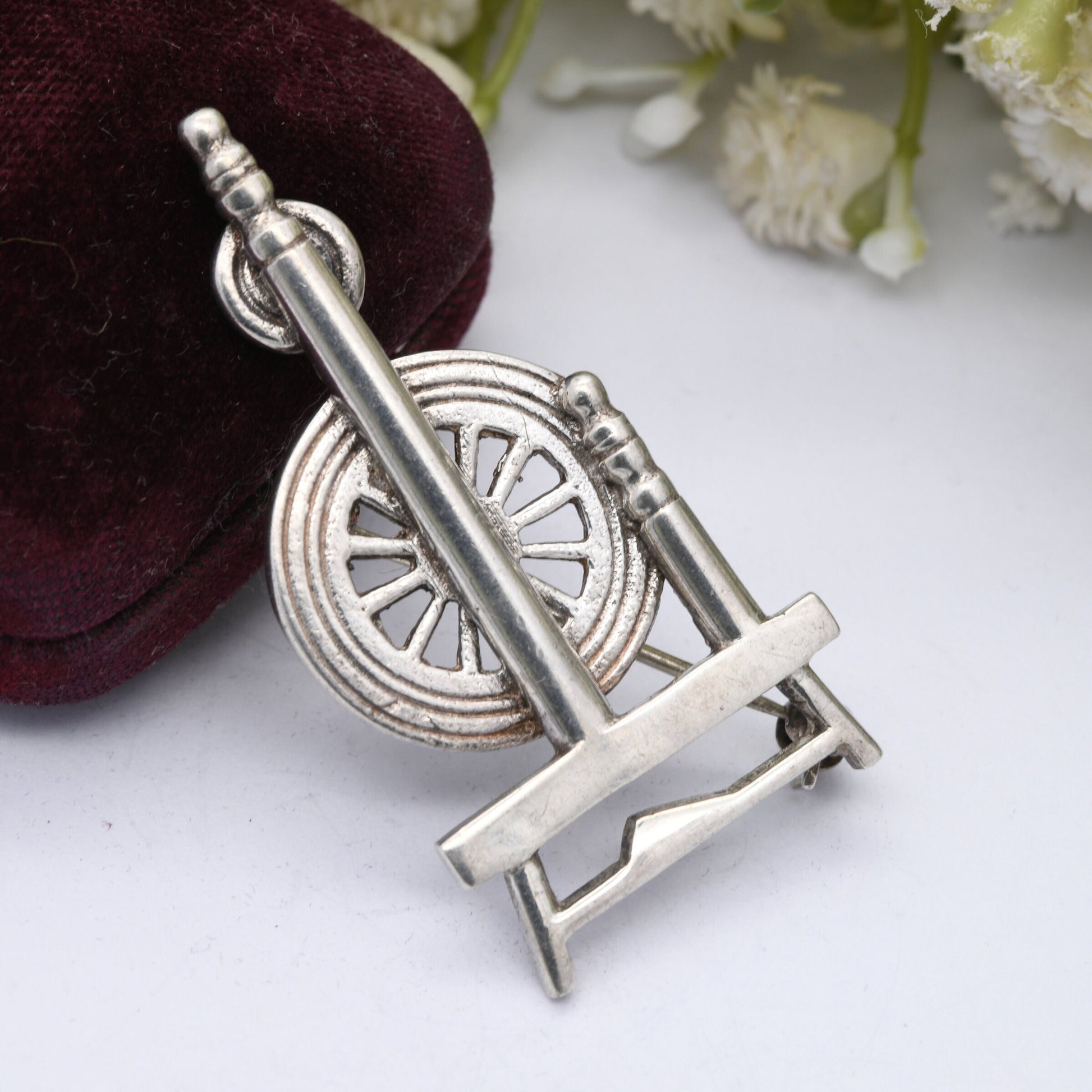 Vintage Sterling Silver Spinning Wheel Brooch 1979 by Shetland Silvercraft - Mid-Century Sculptural Scottish Silver | Edinburgh Hallmarks