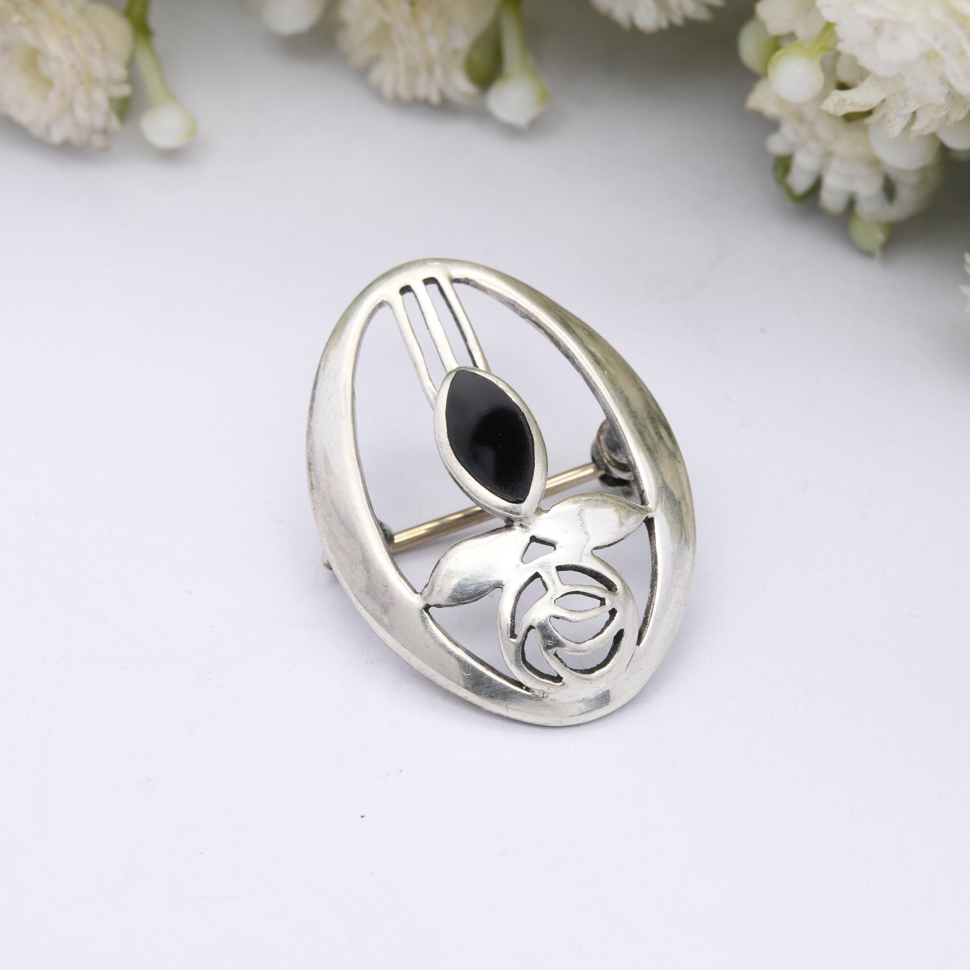 Vintage Glasgow Rose Sterling Silver Brooch with Onyx by Kit Heath - Scottish Stain Glass Window Design | Celtic Mackintosh Style Flower