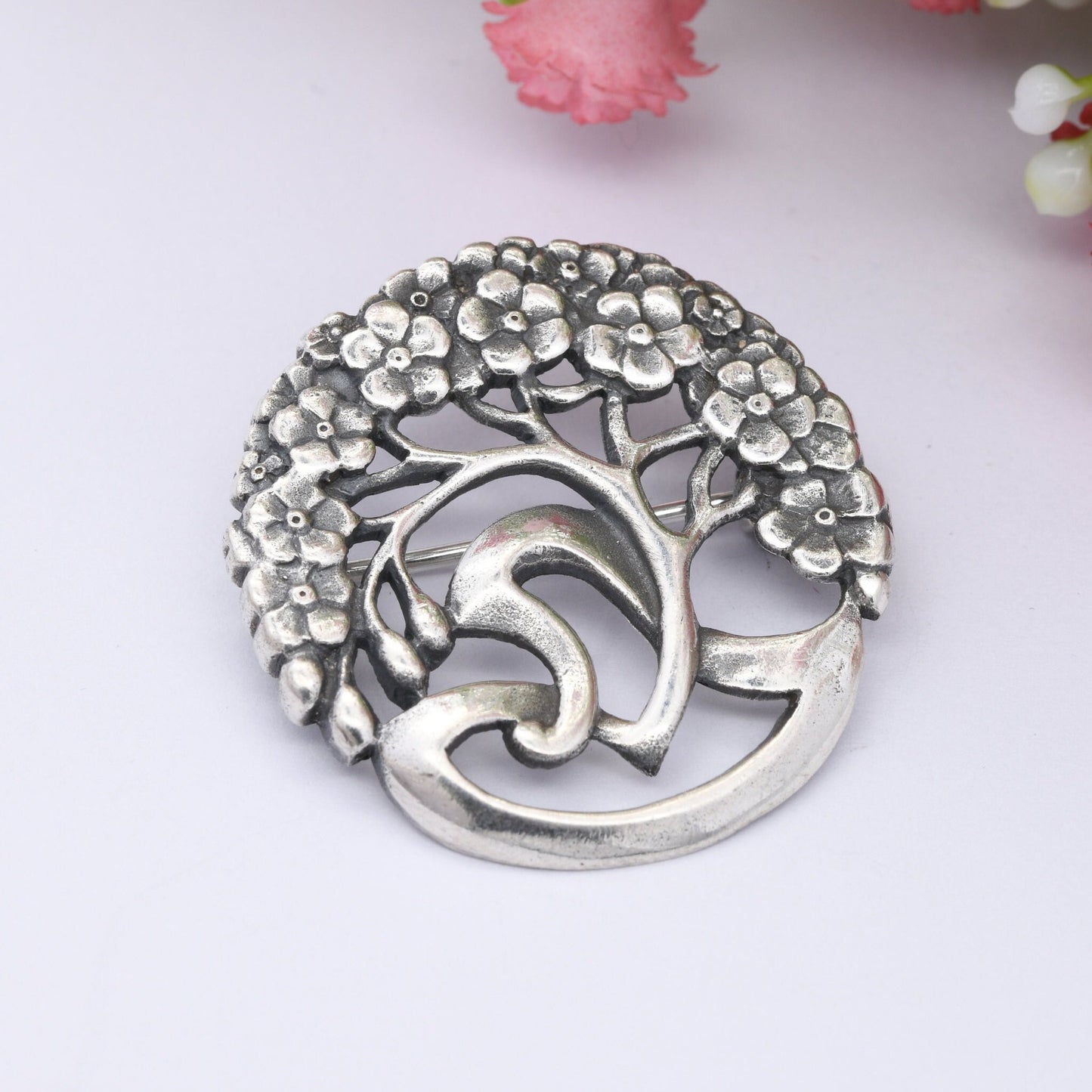 Vintage Sterling Silver Sculptural Tree Flower Brooch - Cut Out Floral Openwork Design | Minimalist Silver Style