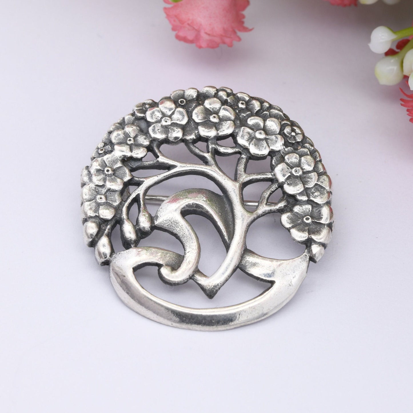 Vintage Sterling Silver Sculptural Tree Flower Brooch - Cut Out Floral Openwork Design | Minimalist Silver Style