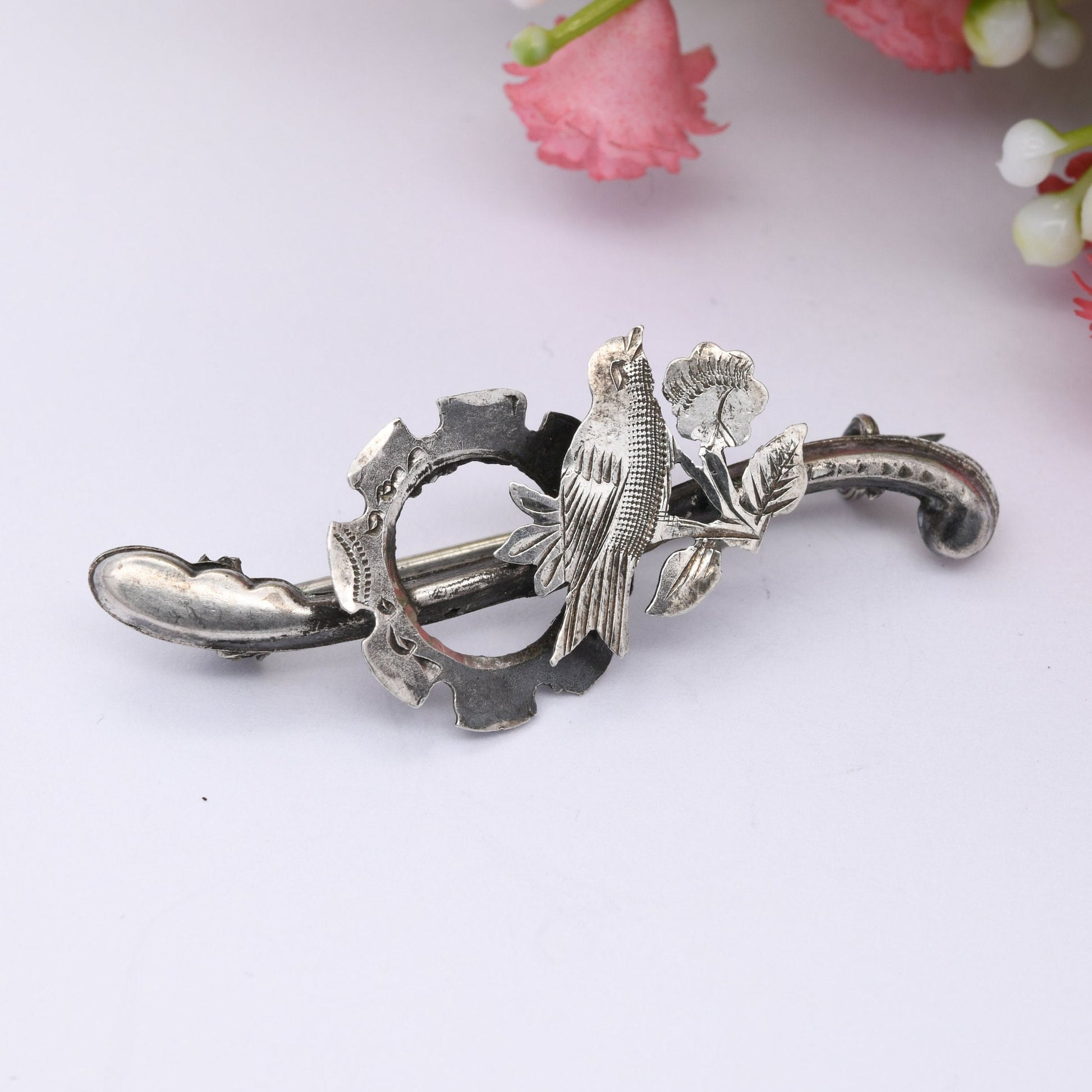 Antique Edwardian Sterling Silver Bird on a Branch Brooch 1905 - Victorian Aesthetic Movement Style