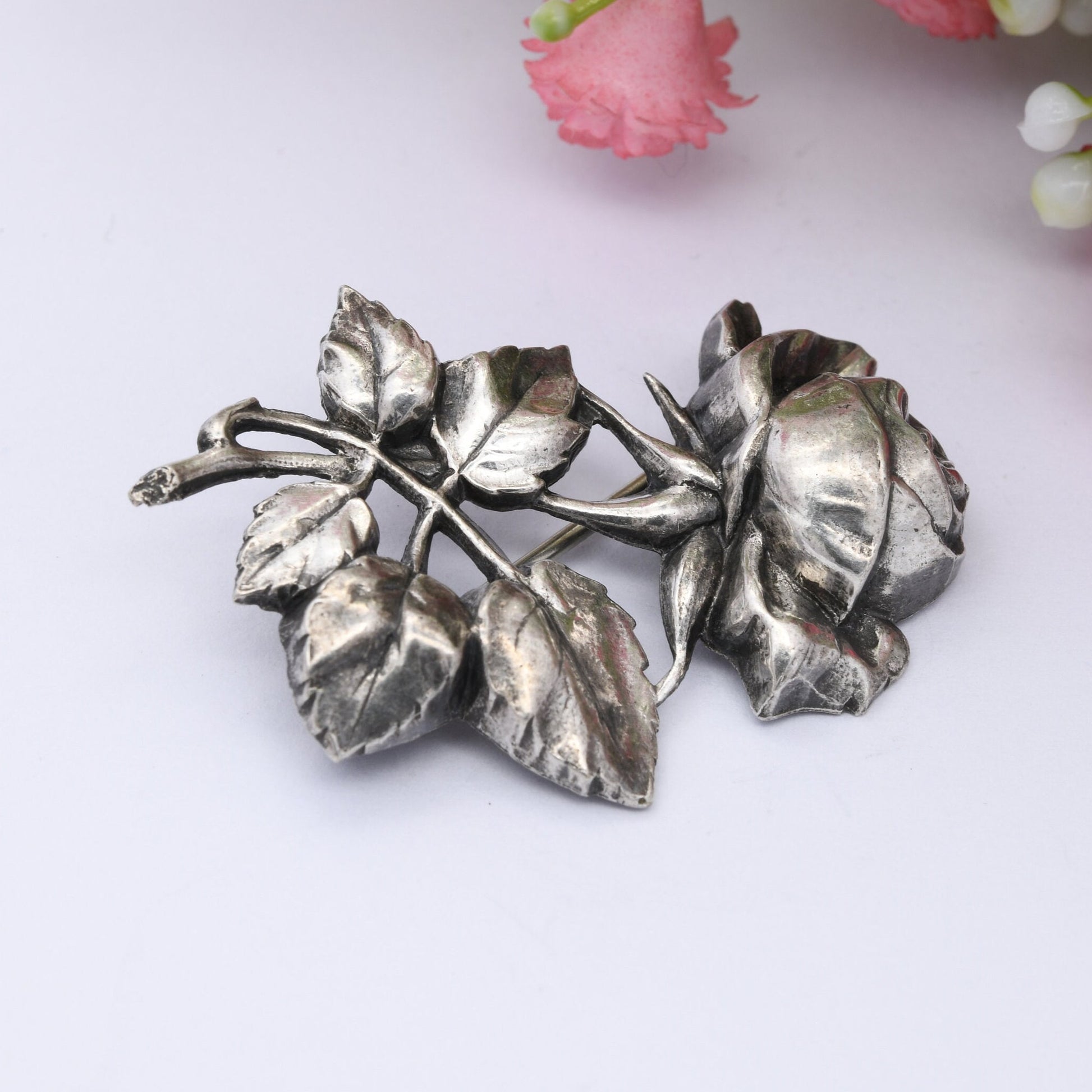 Vintage Silver Rose Brooch - Embossed Relief | Realistic Flower Jewellery