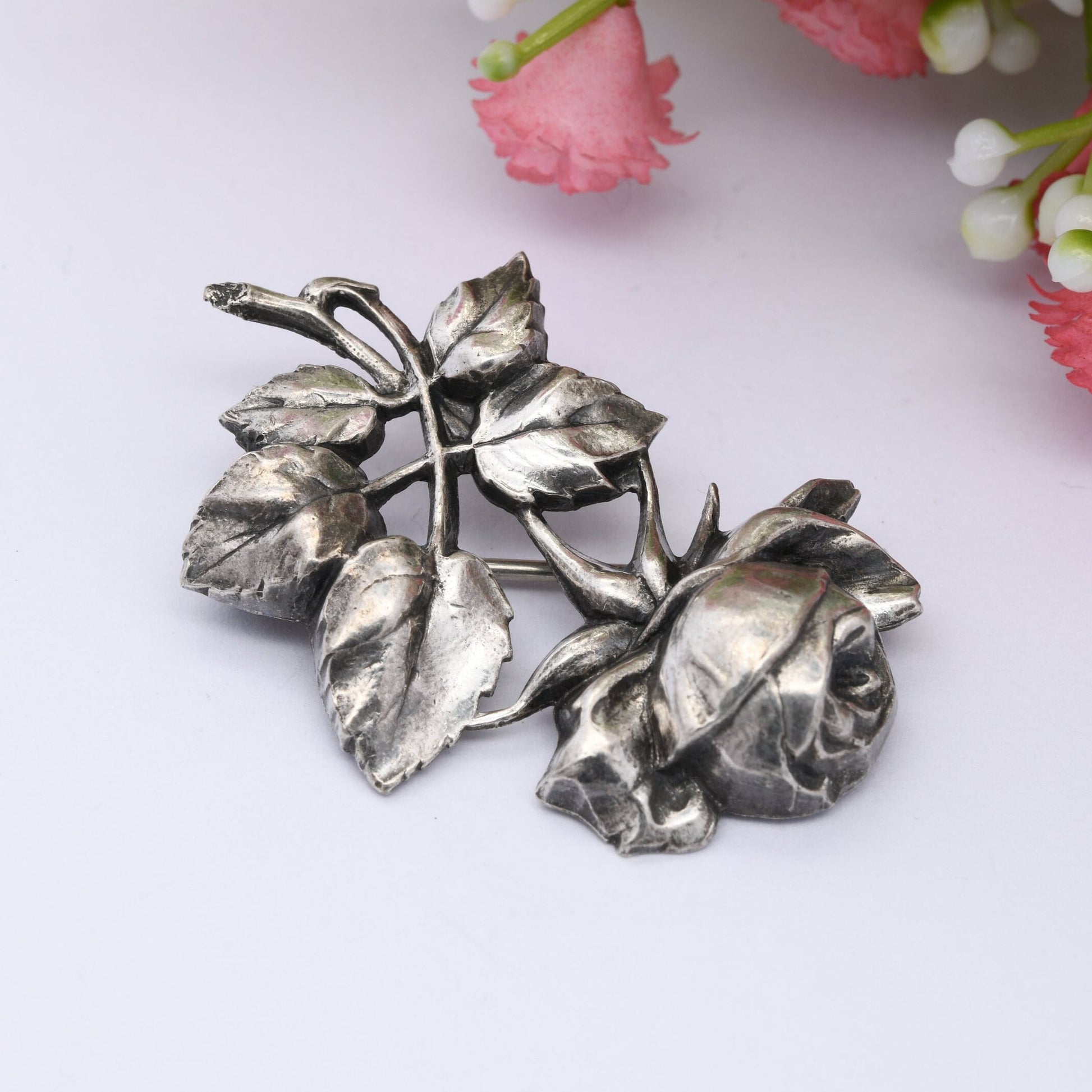 Vintage Silver Rose Brooch - Embossed Relief | Realistic Flower Jewellery