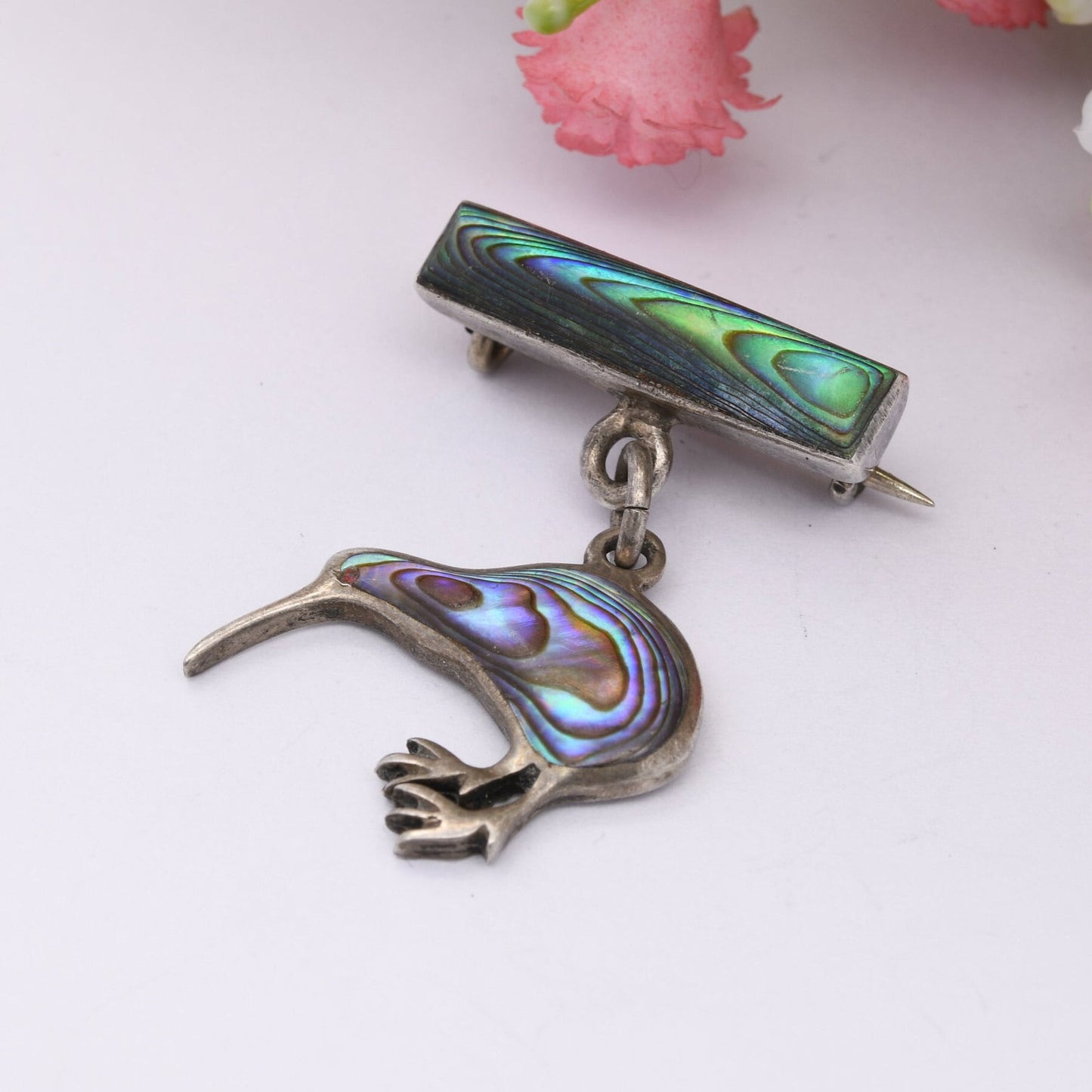 Vintage Sterling Silver Abalone Shell Kiwi Brooch - New Zealand Souvenir | Blue Paua Shell