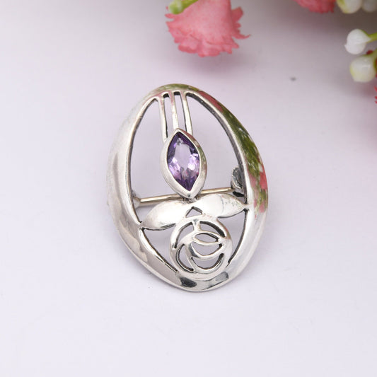 Vintage Scottish Sterling Silver Amethyst Glasgow Rose Brooch - Mackintosh Stained Glass Window Style | Celtic Flower Design