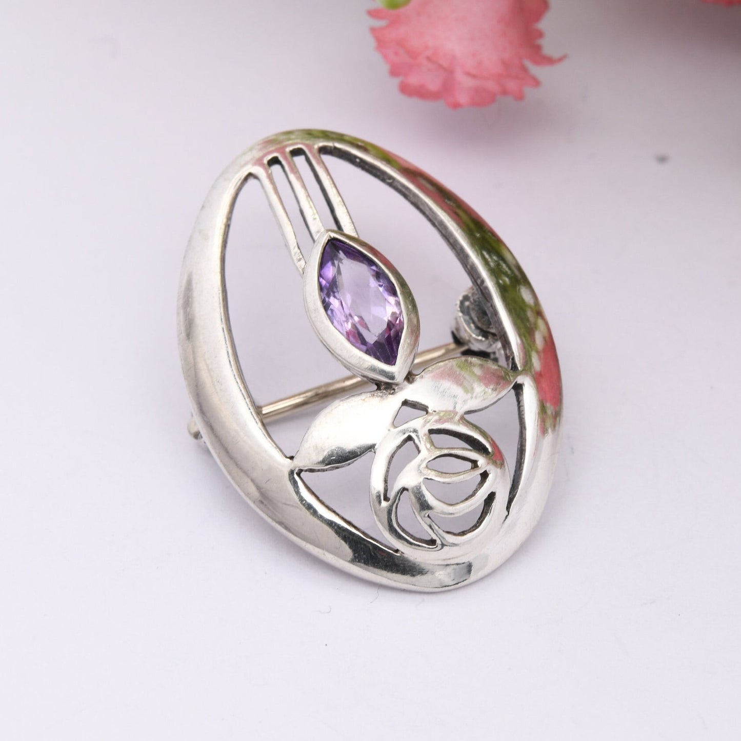 Vintage Scottish Sterling Silver Amethyst Glasgow Rose Brooch - Mackintosh Stained Glass Window Style | Celtic Flower Design