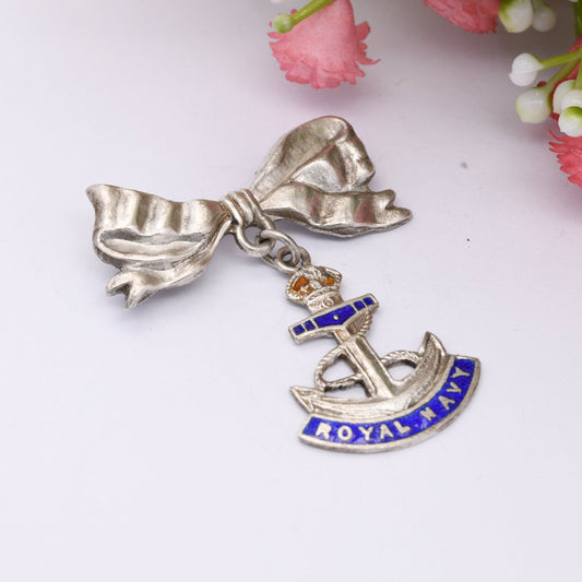 Vintage Sterling Silver Royal Navy Enamel Bow Brooch - UK United Kingdom Naval Service Collectable Jewellery