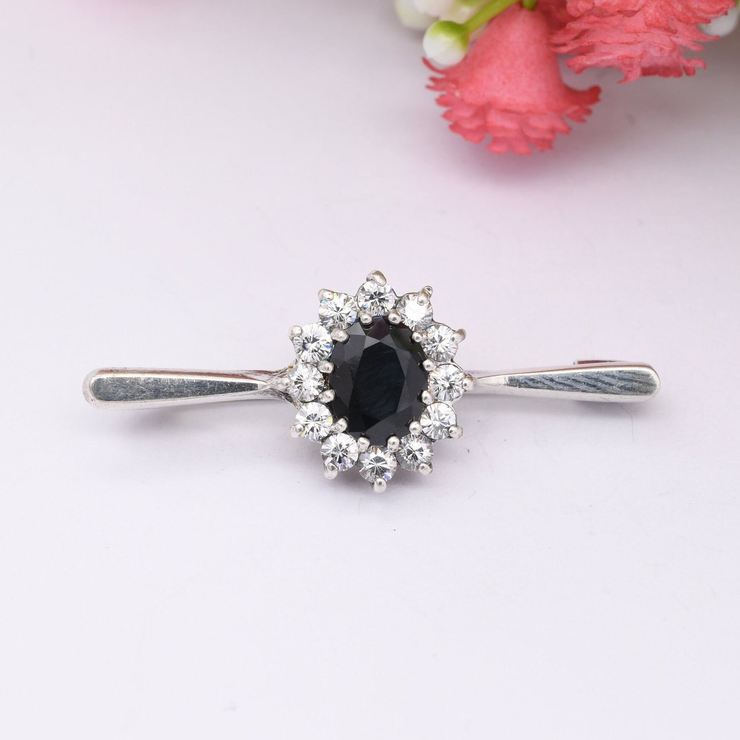 Vintage Sterling Silver Sapphire Bar Brooch with CZ Halo - Sparkly Statement Pin