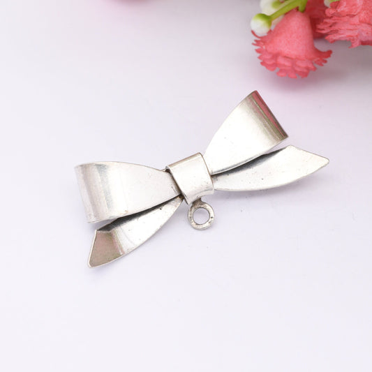 Vintage Sterling Silver Bow Brooch with Pendant Drop - Minimalist Plain Silver Bow | Cute Bow Jewellery