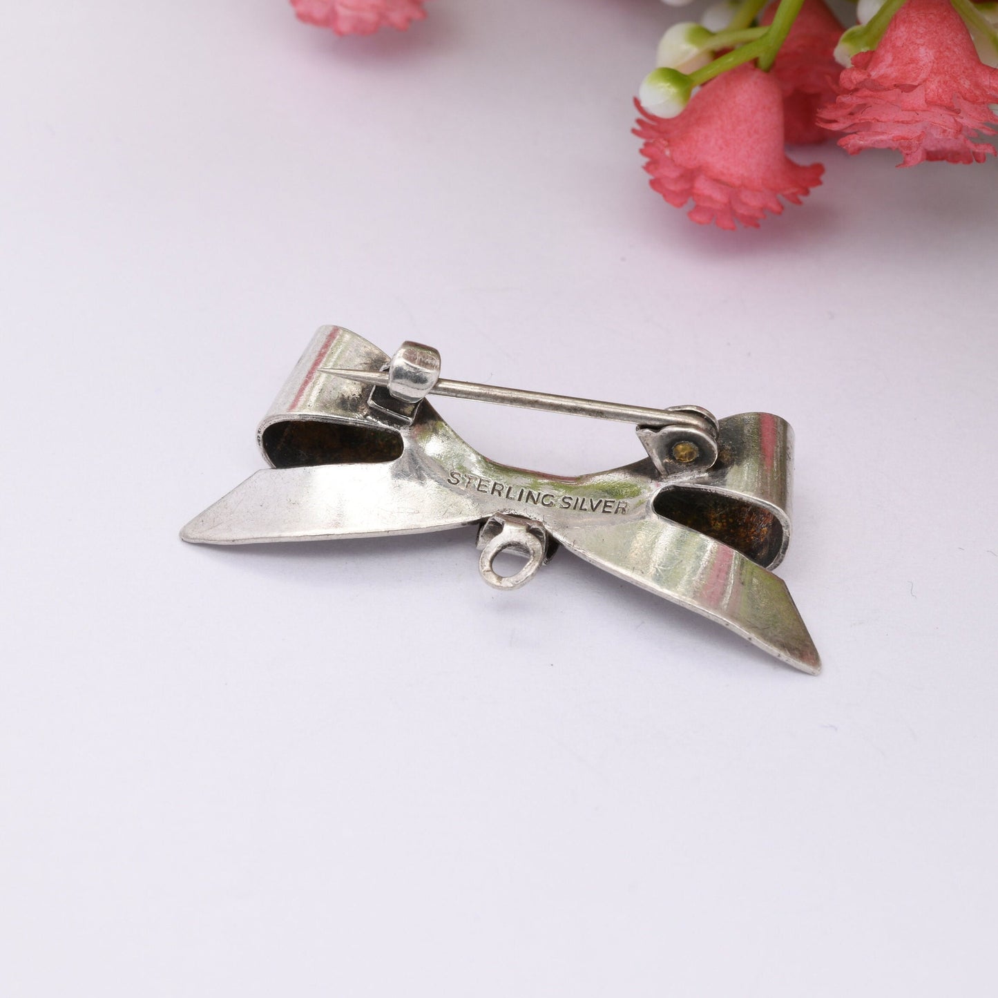 Vintage Sterling Silver Bow Brooch with Pendant Drop - Minimalist Plain Silver Bow | Cute Bow Jewellery