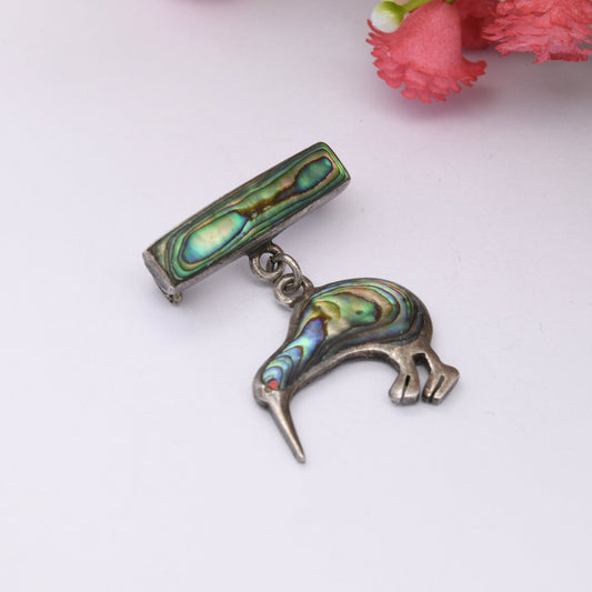 Vintage Sterling Silver Abalone Shell Kiwi Brooch - New Zealand Souvenir | Blue Paua Shell | Pendant Drop