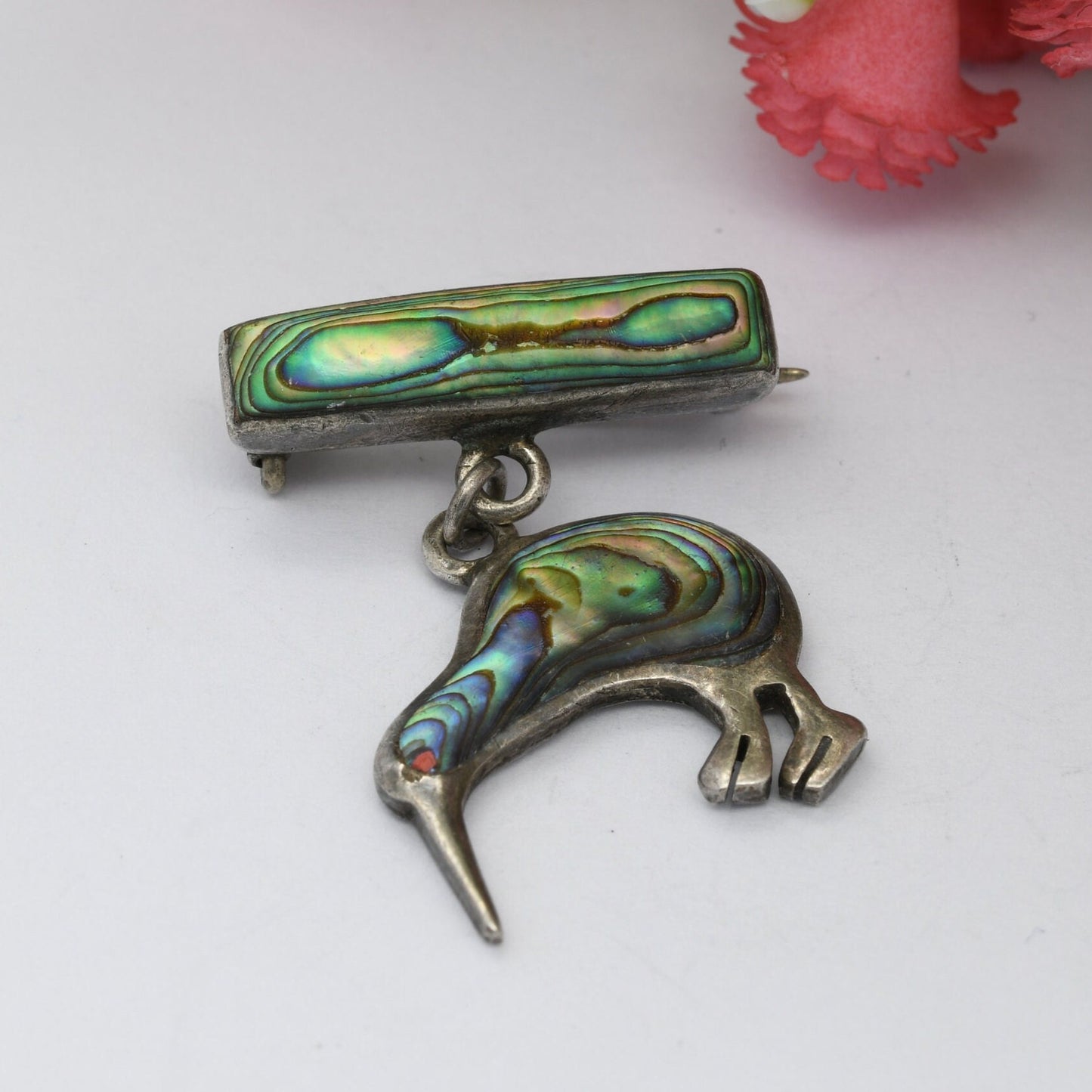 Vintage Sterling Silver Abalone Shell Kiwi Brooch - New Zealand Souvenir | Blue Paua Shell | Pendant Drop