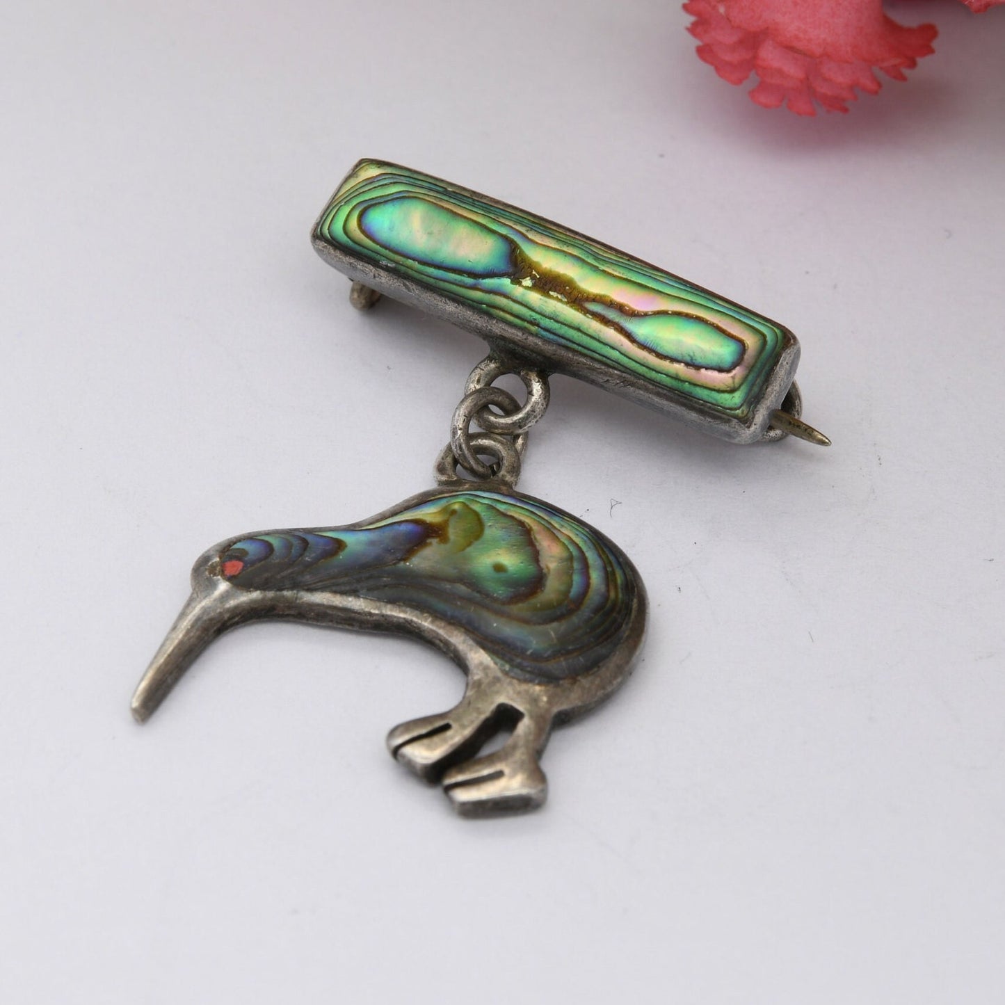 Vintage Sterling Silver Abalone Shell Kiwi Brooch - New Zealand Souvenir | Blue Paua Shell | Pendant Drop