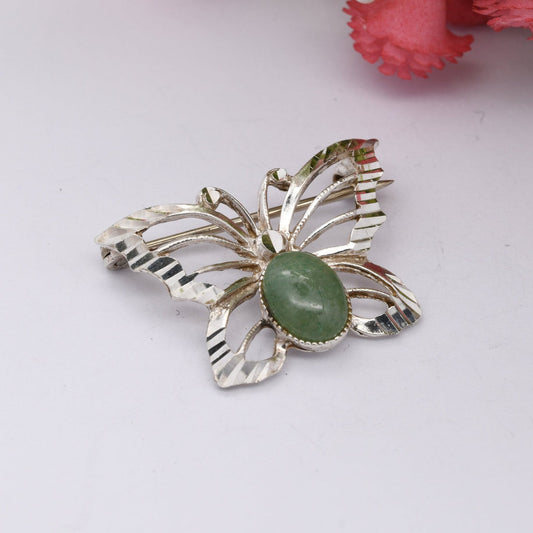 Vintage Sterling Silver Aventurine Butterfly Brooch - Mid-Century Insect Jewellery