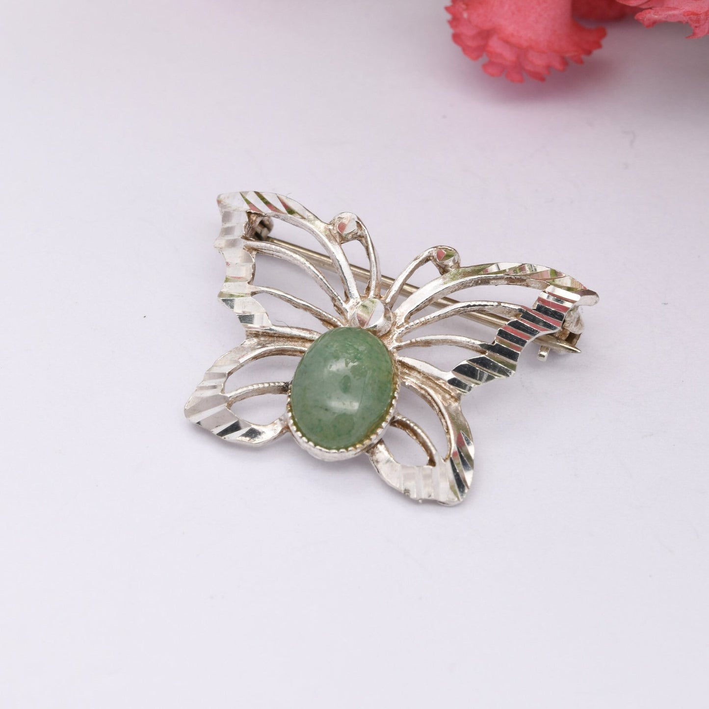 Vintage Sterling Silver Aventurine Butterfly Brooch - Mid-Century Insect Jewellery