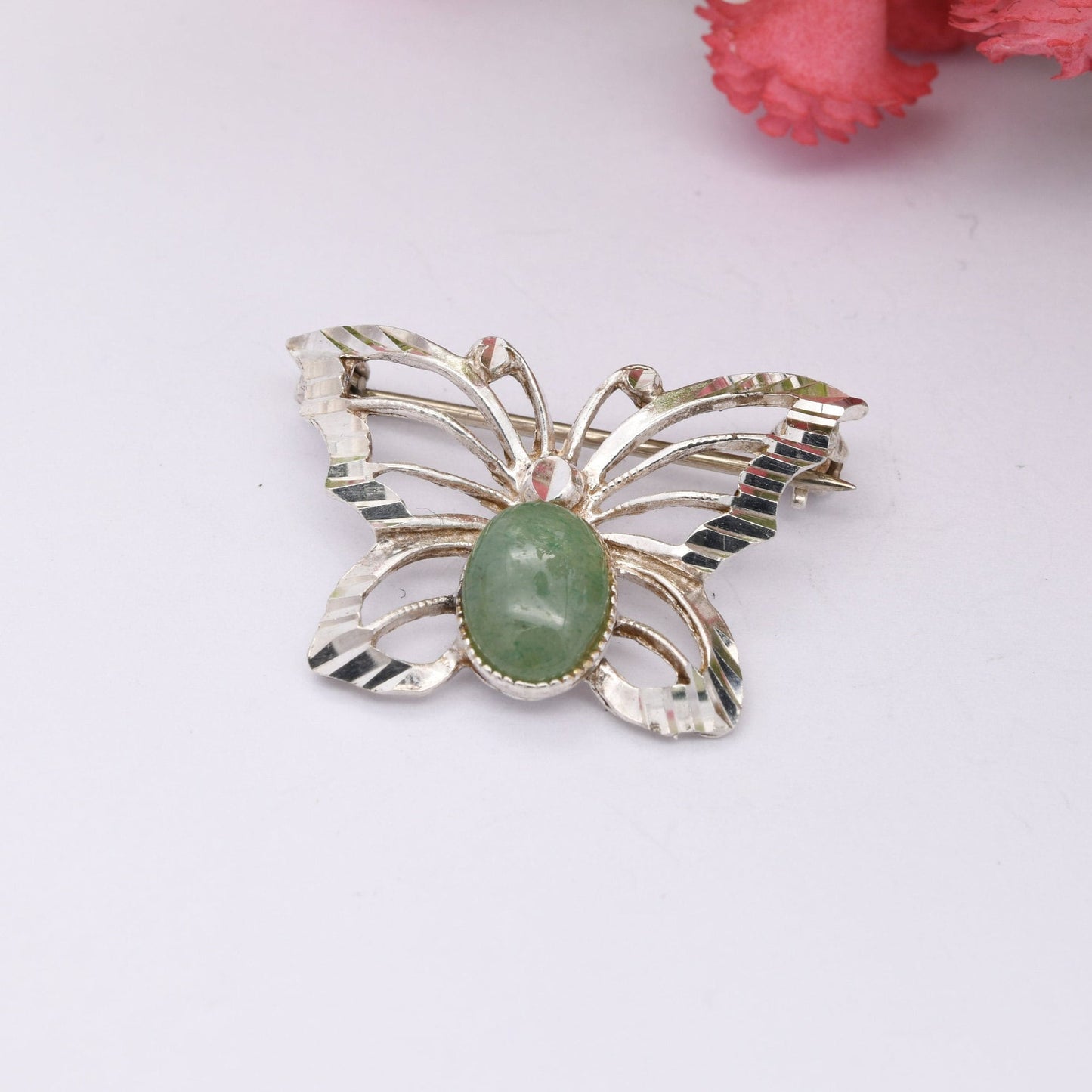 Vintage Sterling Silver Aventurine Butterfly Brooch - Mid-Century Insect Jewellery