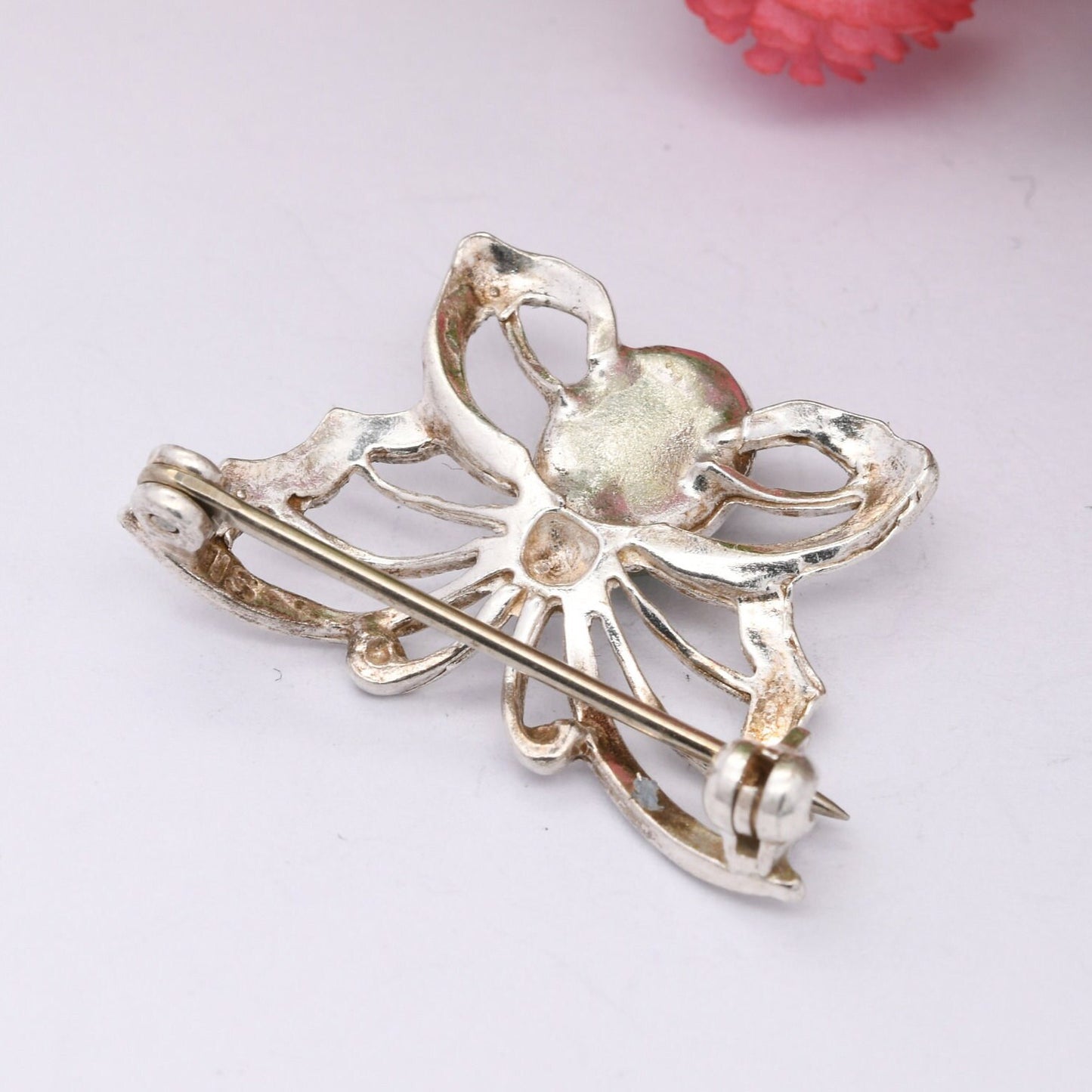 Vintage Sterling Silver Aventurine Butterfly Brooch - Mid-Century Insect Jewellery