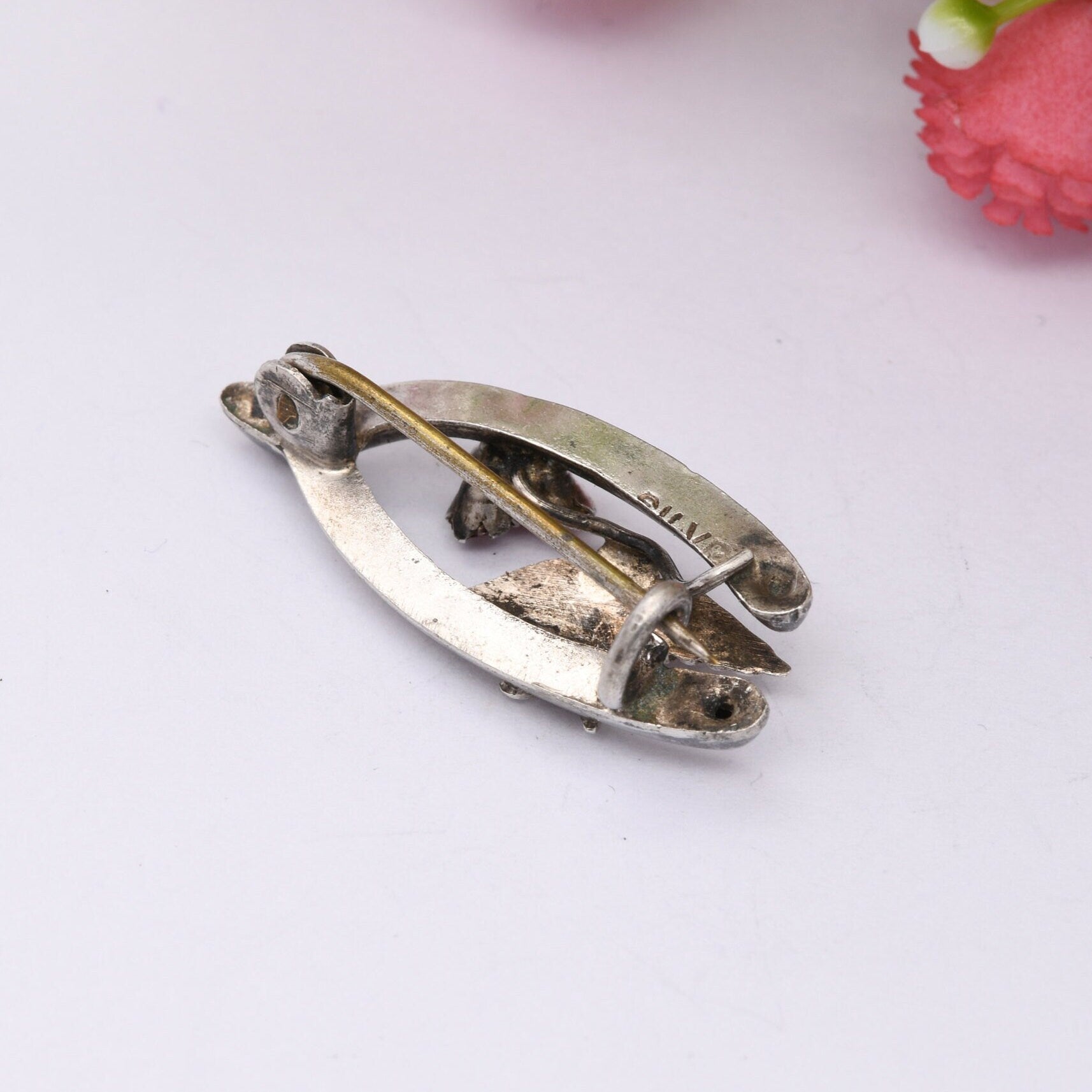 Antique Sterling Silver Bird in a Wishbone Brooch with Red Paste Three Leaf Clover