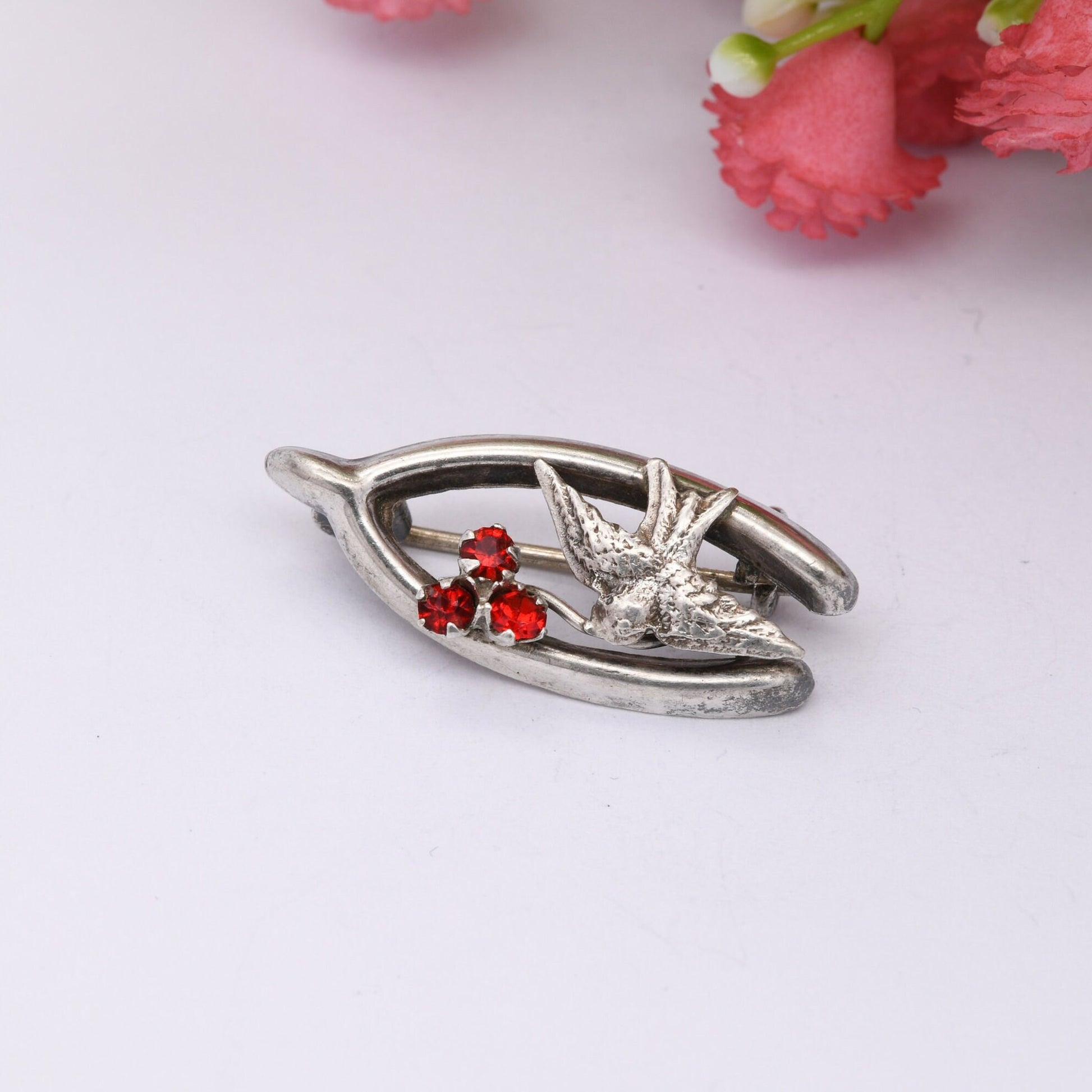 Antique Sterling Silver Bird in a Wishbone Brooch with Red Paste Three Leaf Clover