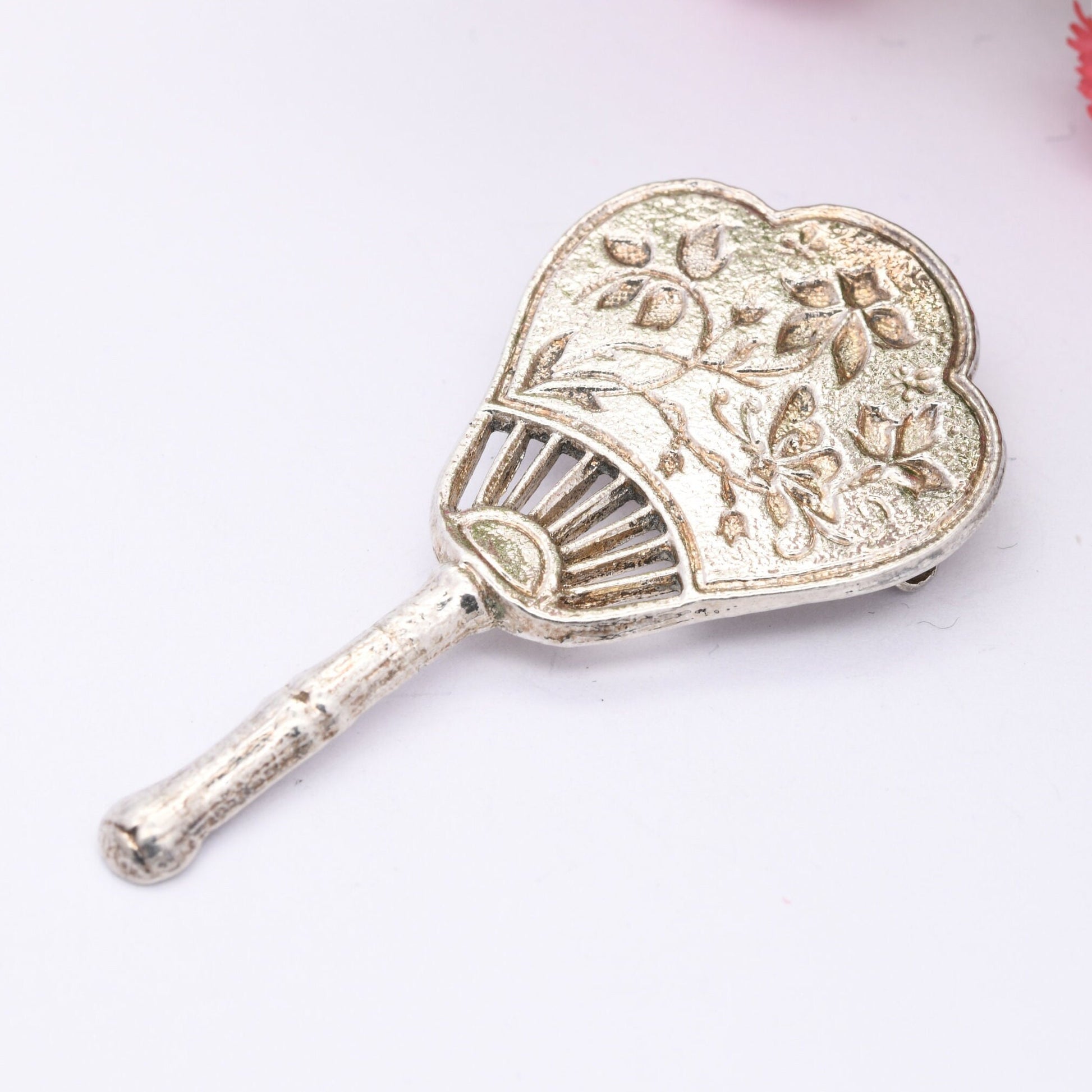 Vintage Open Fan Brooch Japanese Style - Butterfly and Flower Design | Mid-Century Silver Tone Statement Pin