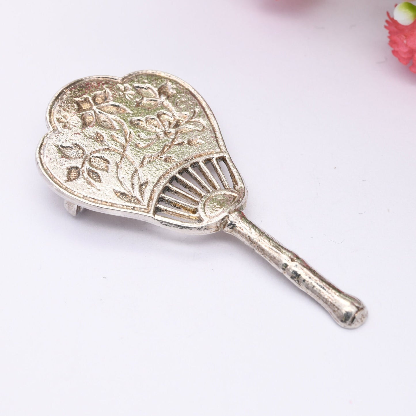 Vintage Open Fan Brooch Japanese Style - Butterfly and Flower Design | Mid-Century Silver Tone Statement Pin