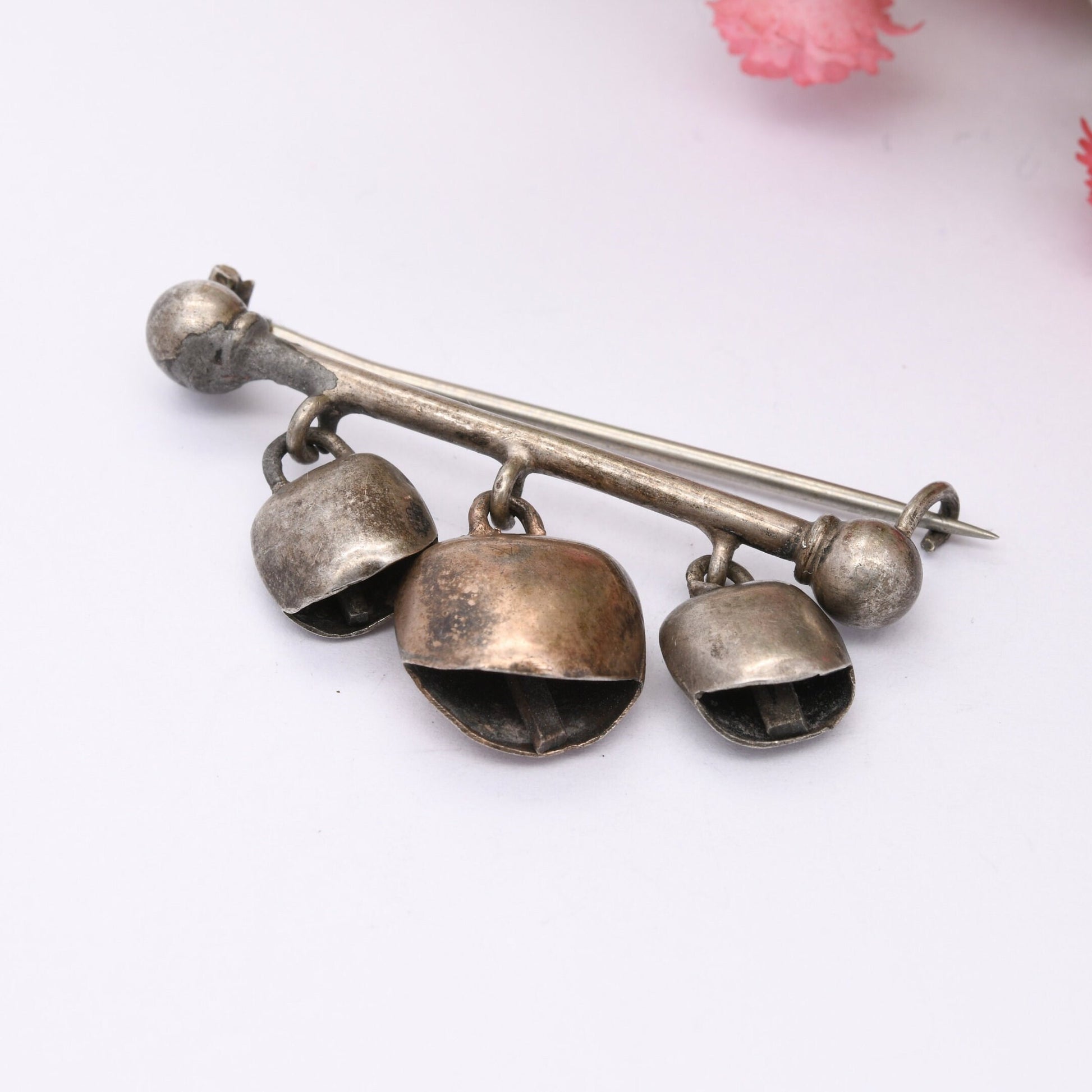 Antique Silver Three Cow Bells Bar Brooch - Hanging Bell Pendants with Tongue Clappers | Musical Brooch