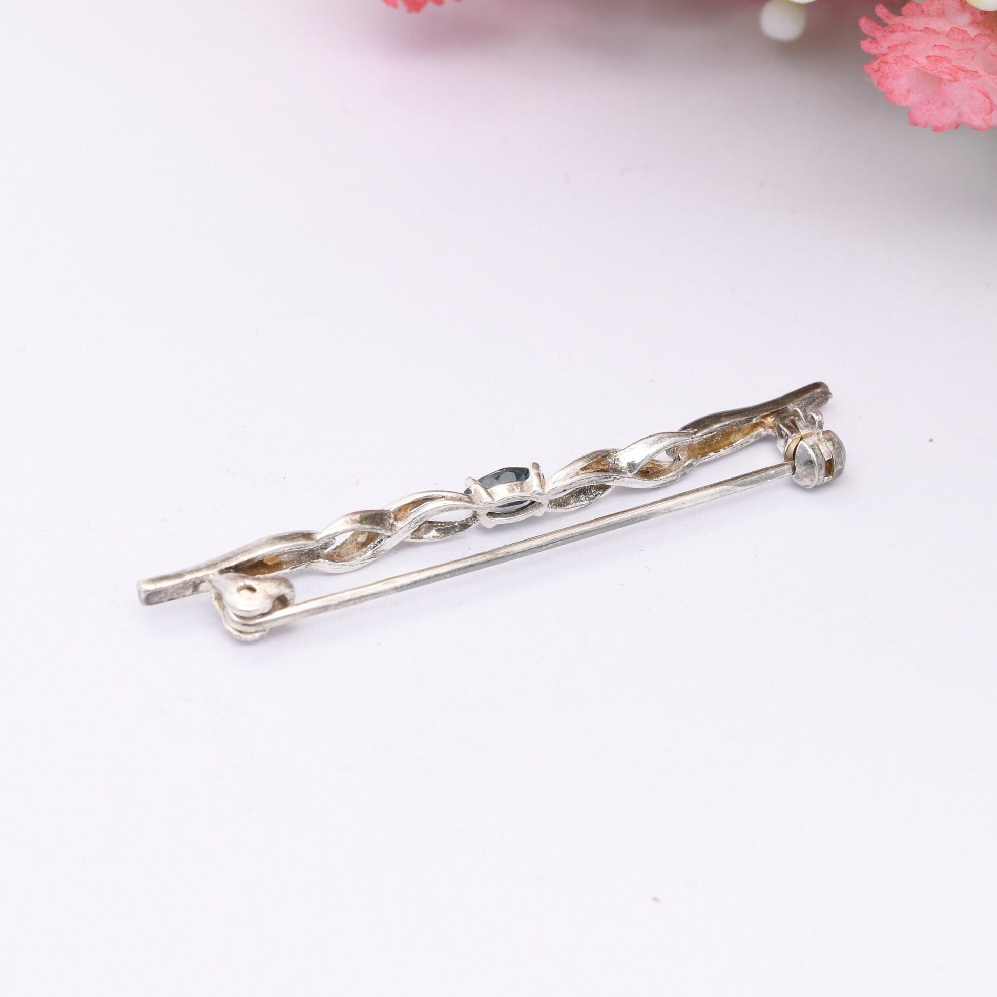 Vintage Andreas Daub Sterling Silver Sapphire Bar Brooch A*D - Twisted Silver Jewellery