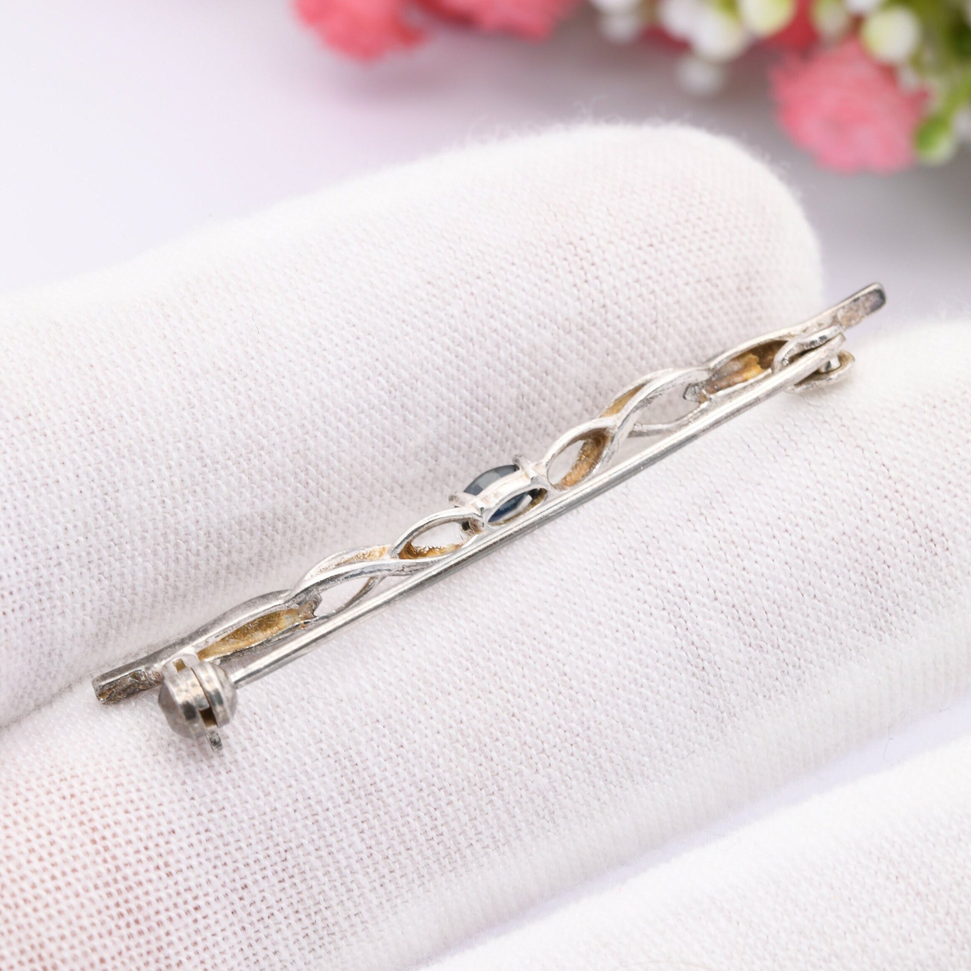 Vintage Andreas Daub Sterling Silver Sapphire Bar Brooch A*D - Twisted Silver Jewellery