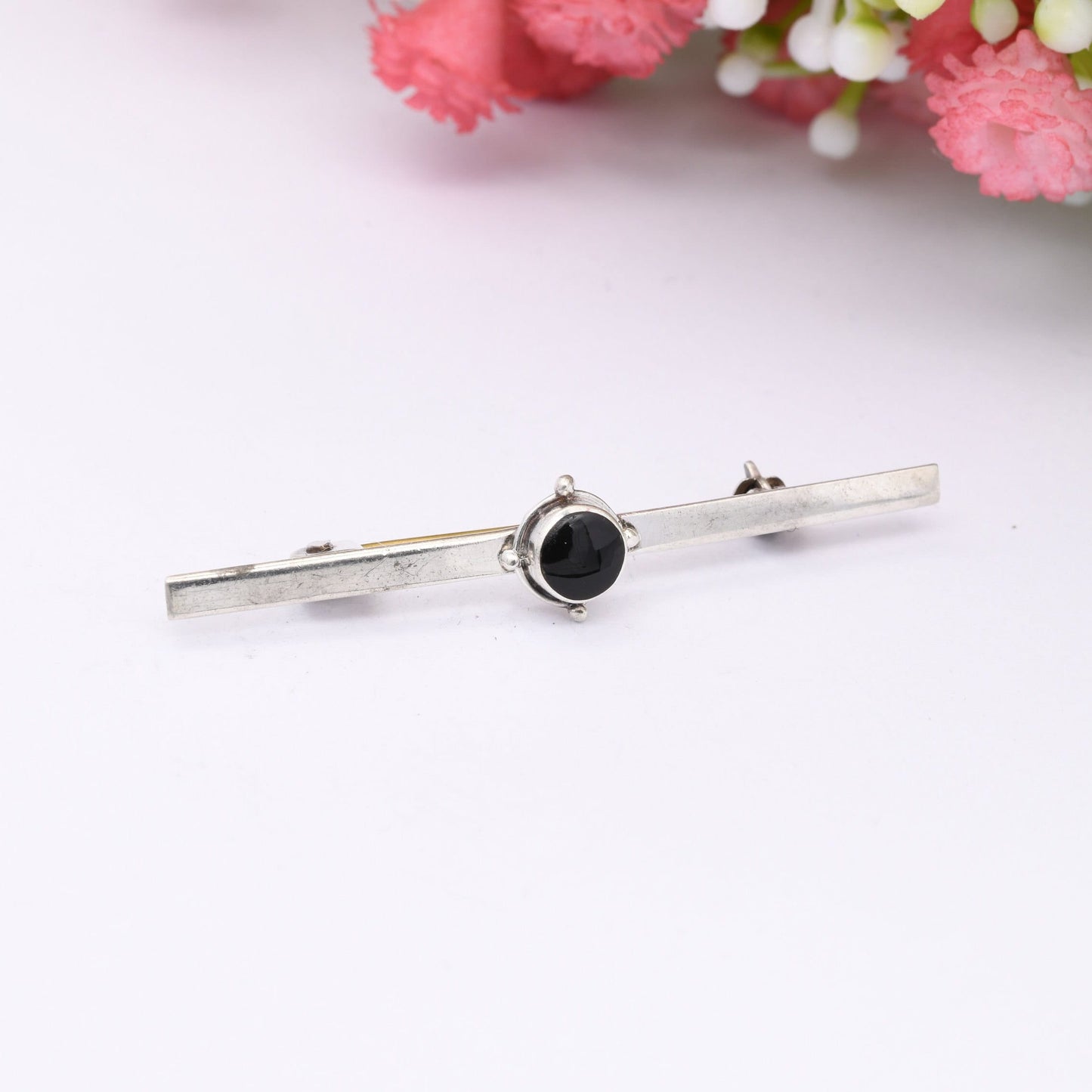 Vintage Sterling Silver Onyx Bar Brooch 1985 - Mid-Century Minimalist Design