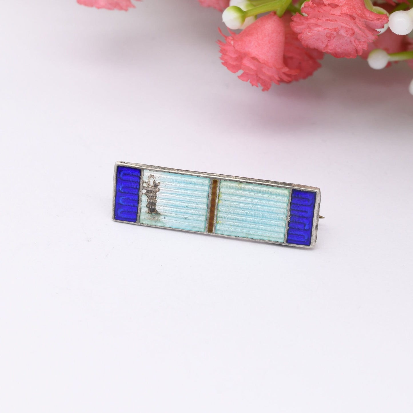 Antique Sterling Silver Guilloche Enamel Brooch - Two-Tone Baby Blue and Deep Blue