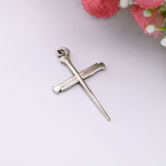 Vintage Sterling Silver Cross of Nails Pendant 1978 - Mid-Century Modernist Cross Made of Nails