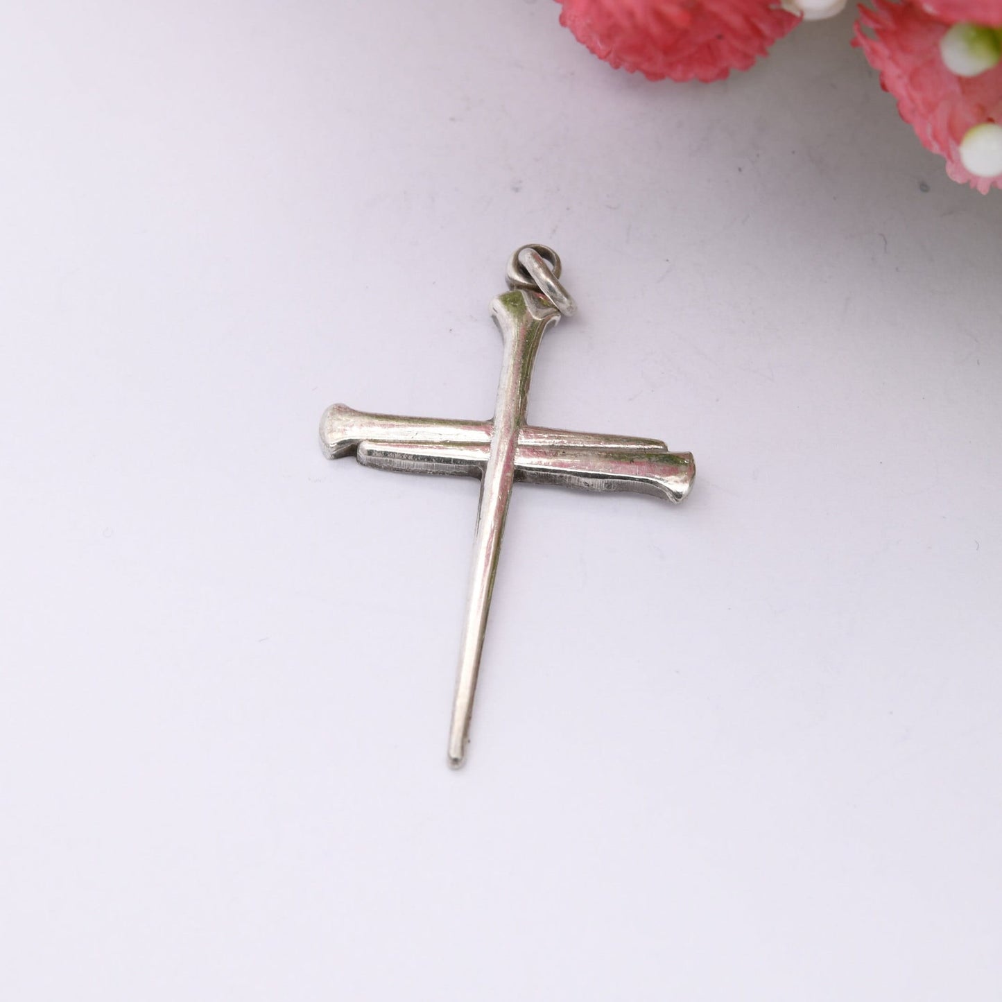 Vintage Sterling Silver Cross of Nails Pendant 1978 - Mid-Century Modernist Cross Made of Nails