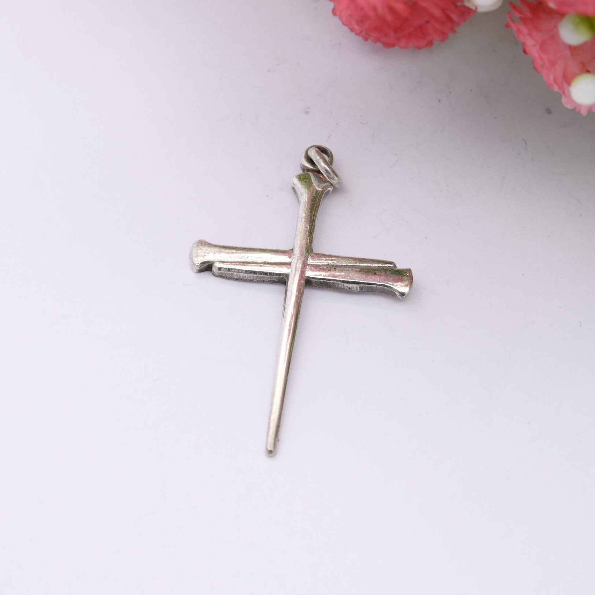 Vintage Sterling Silver Cross of Nails Pendant 1978 - Mid-Century Modernist Cross Made of Nails