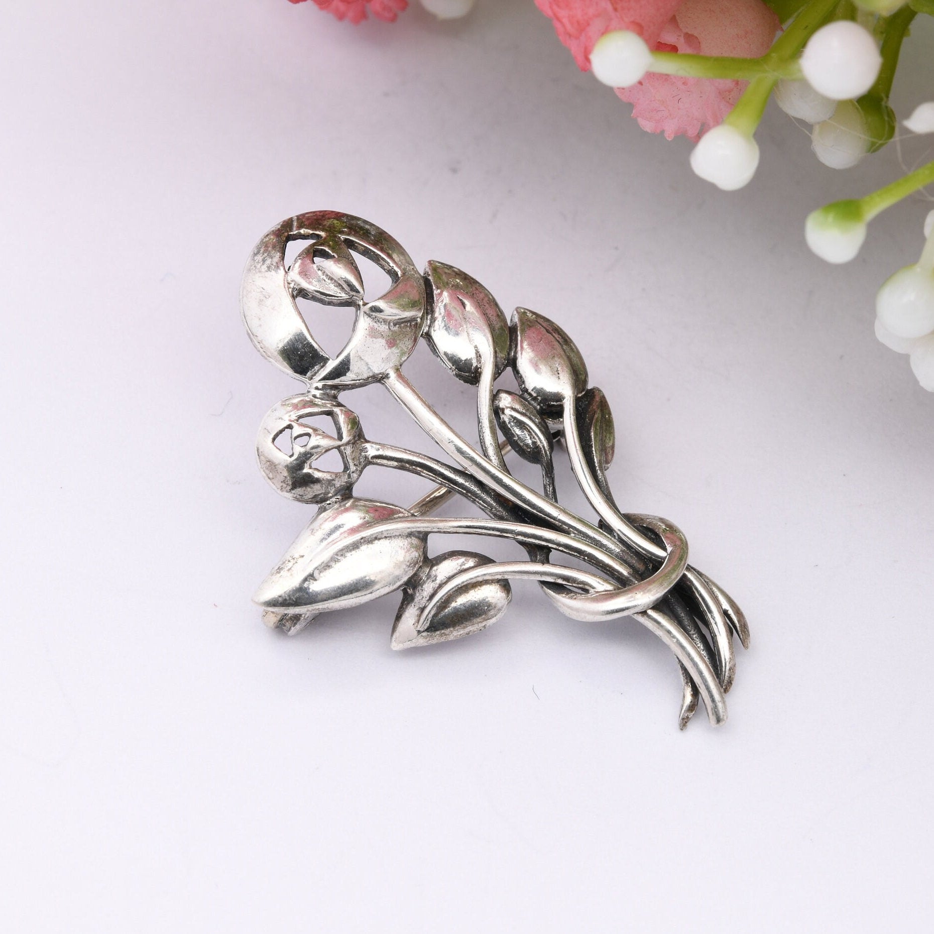 Vintage Kit Heath Sterling Silver Bunch of Flowers Brooch - Openwork Celtic Flower Design | Glasgow Rose