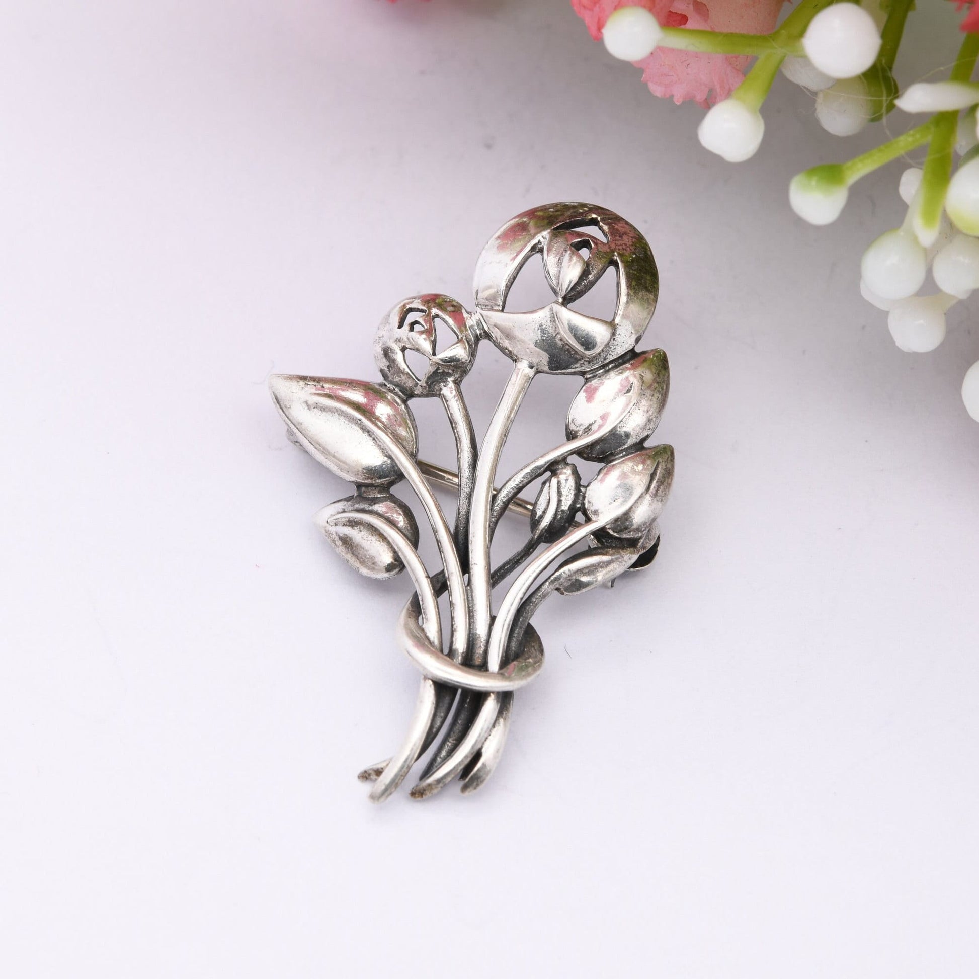 Vintage Kit Heath Sterling Silver Bunch of Flowers Brooch - Openwork Celtic Flower Design | Glasgow Rose