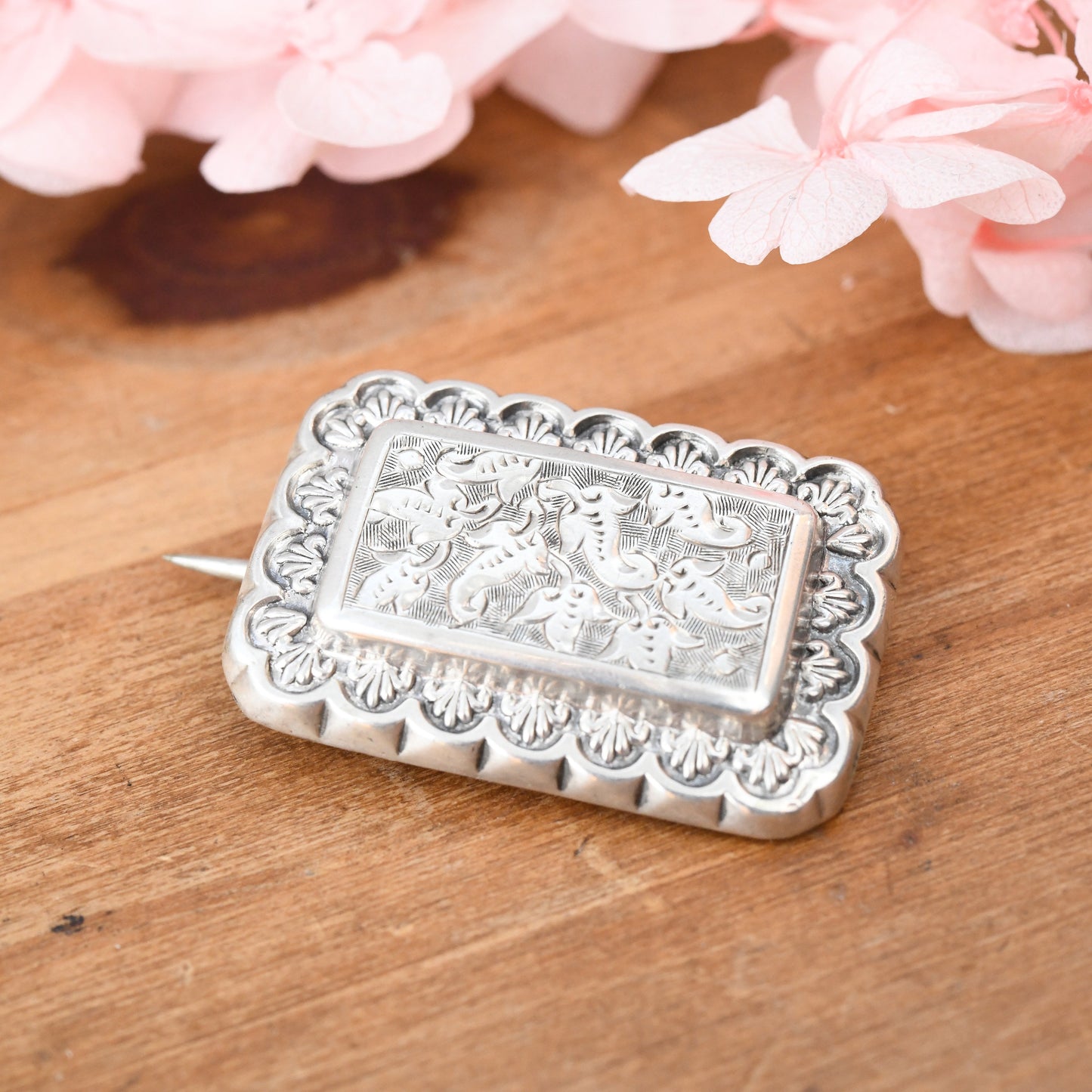 Antique Victorian Sterling Silver Aesthetic Movement Brooch with Floral Engraving - Rectangle Leaf Flower Brooch