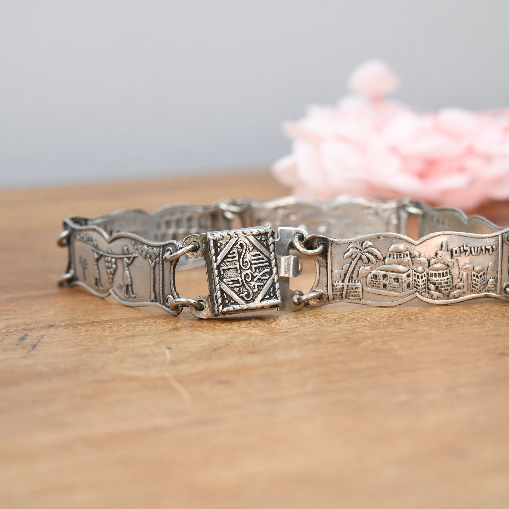 Vintage Israel Silver Souvenir Panel Bracelet - Tomb of Rahel Negev Desert Western Wall | Scenes of Jerusalem